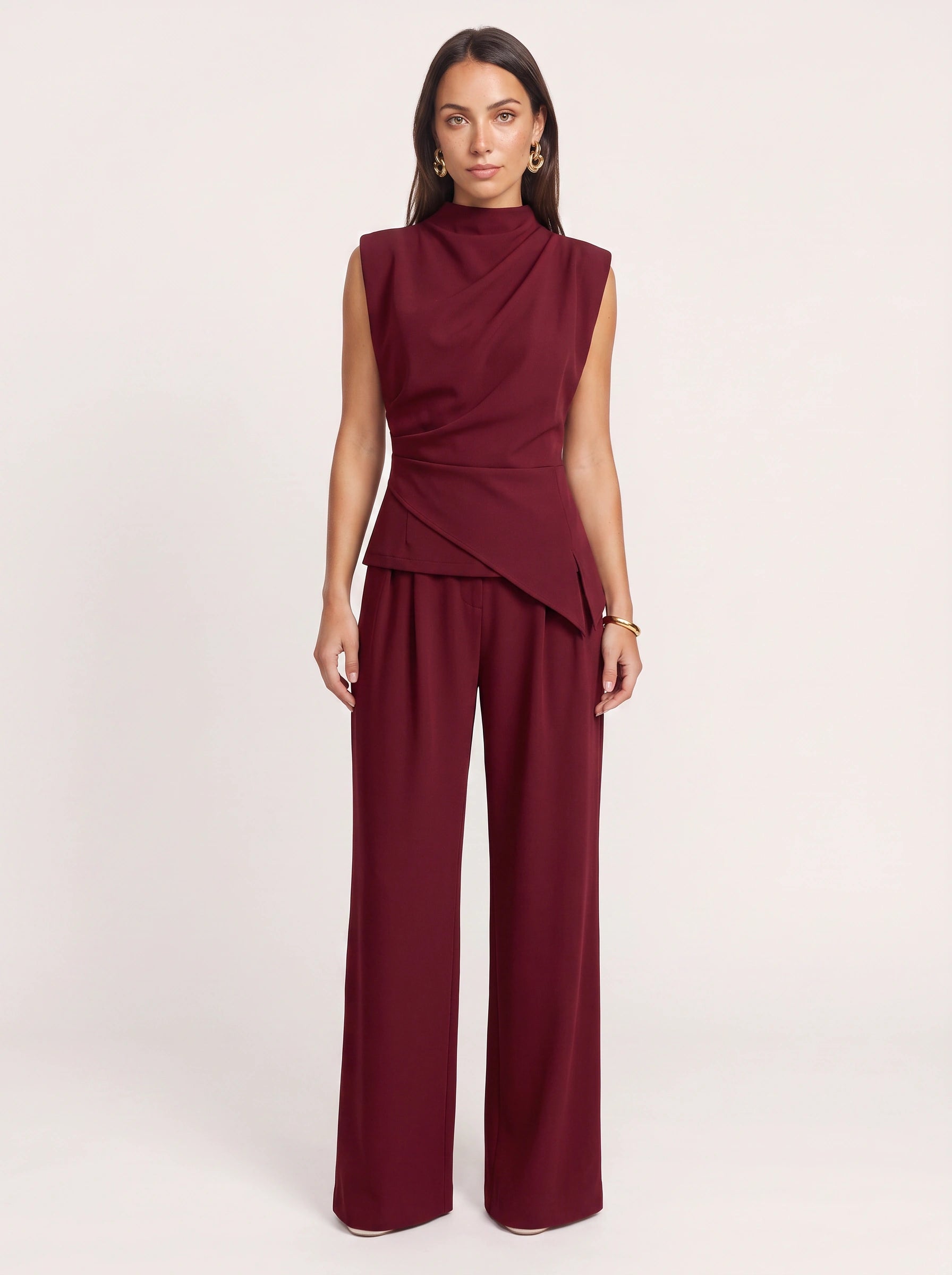 Piegara High-Neck Asymmetric Top Wide-Leg Trouser Set – Women Formal Evening Party Jumpsuit Summer