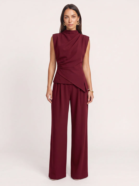 Piegara High-Neck Asymmetric Top Wide-Leg Trouser Set – Women Formal Evening Party Jumpsuit Summer