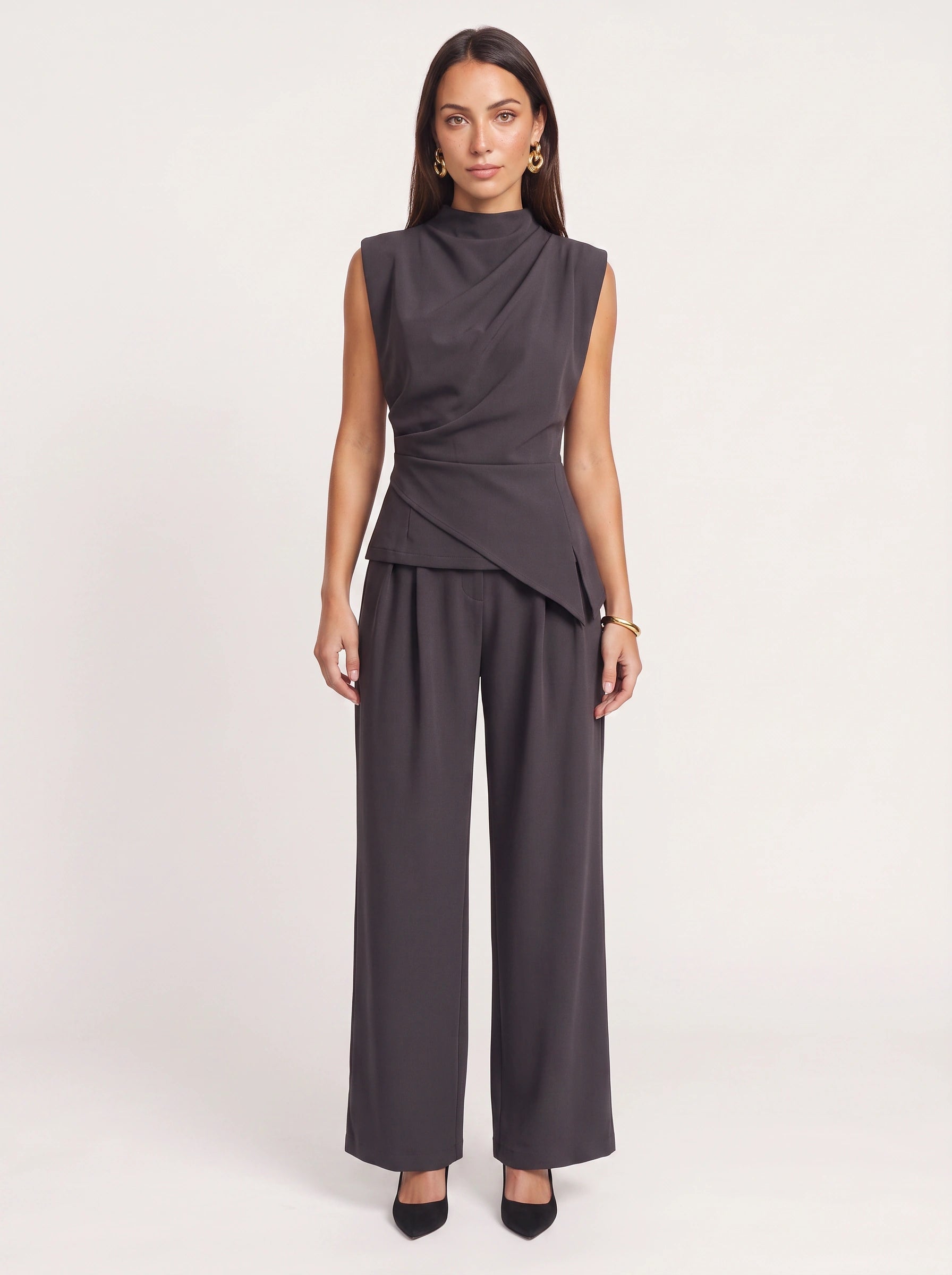 Piegara High-Neck Asymmetric Top Wide-Leg Trouser Set – Women Formal Evening Party Jumpsuit Summer