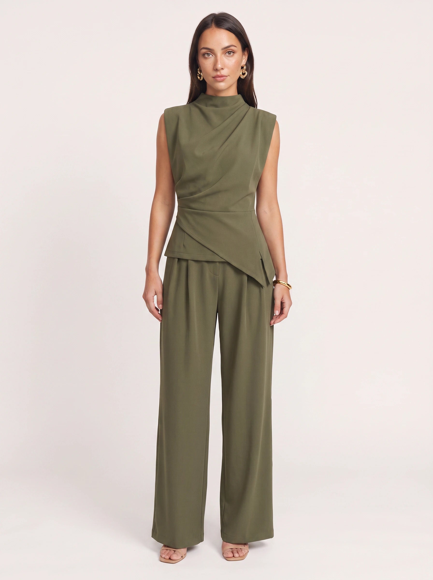 Piegara High-Neck Asymmetric Top Wide-Leg Trouser Set – Women Formal Evening Party Jumpsuit Summer