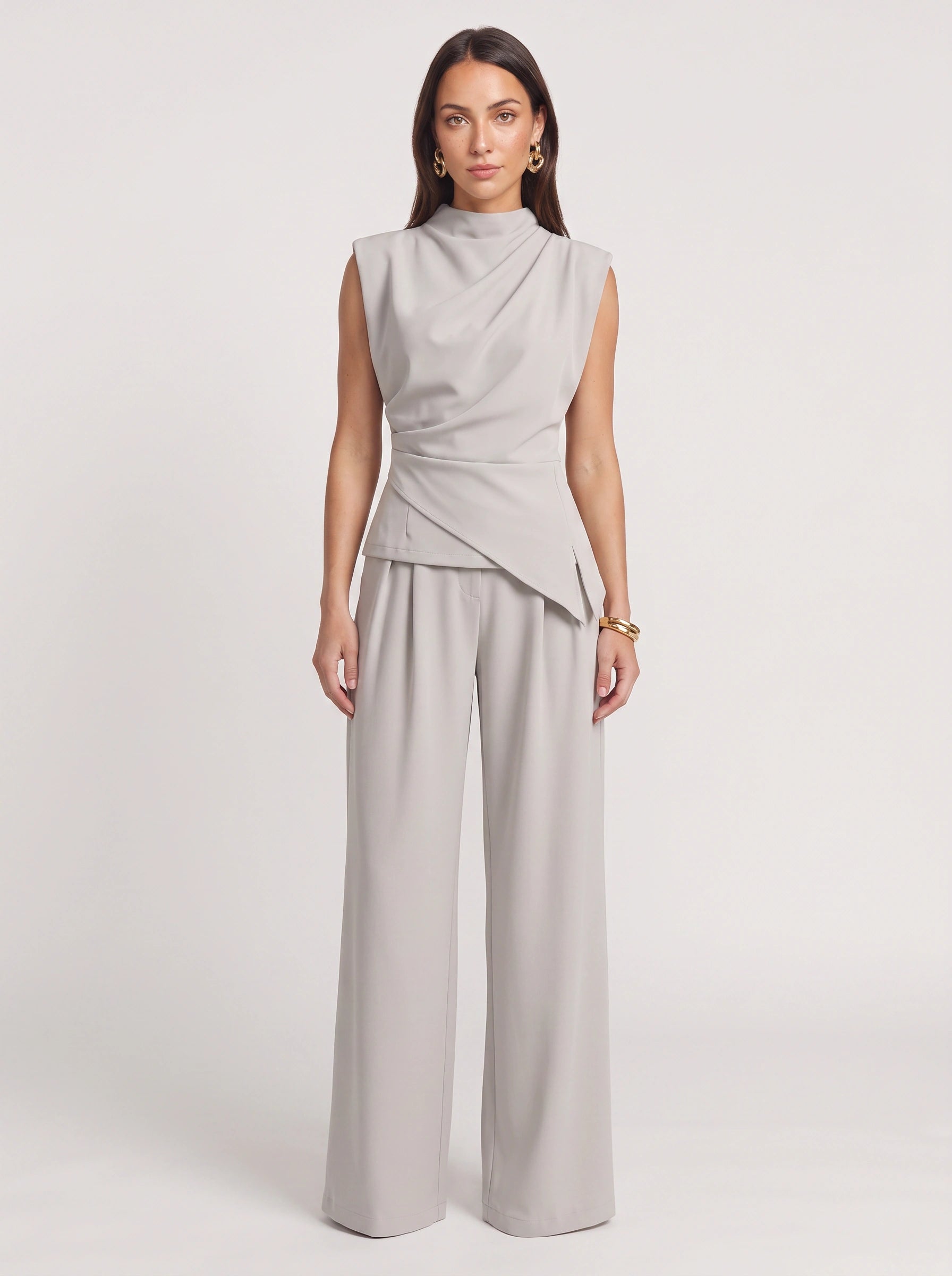 Piegara High-Neck Asymmetric Top Wide-Leg Trouser Set – Women Formal Evening Party Jumpsuit Summer