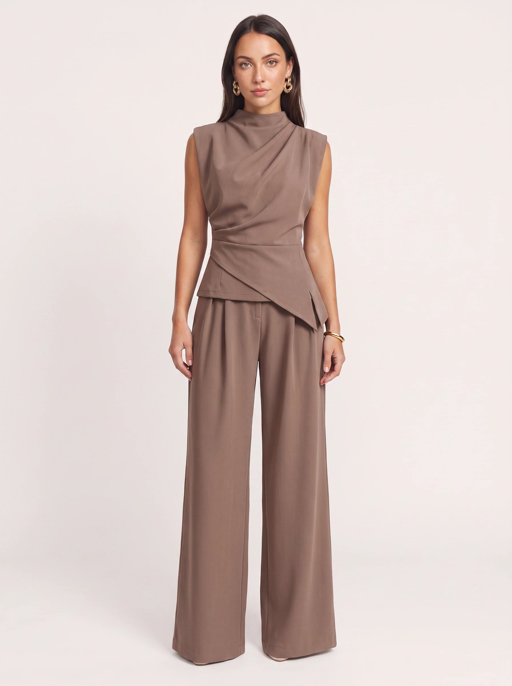 Piegara High-Neck Asymmetric Top Wide-Leg Trouser Set – Women Formal Evening Party Jumpsuit Summer