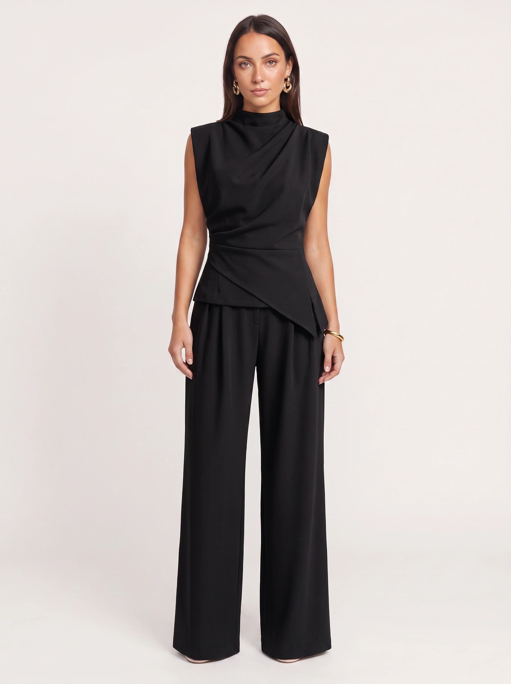 Piegara High-Neck Asymmetric Top Wide-Leg Trouser Set – Women Formal Evening Party Jumpsuit Summer