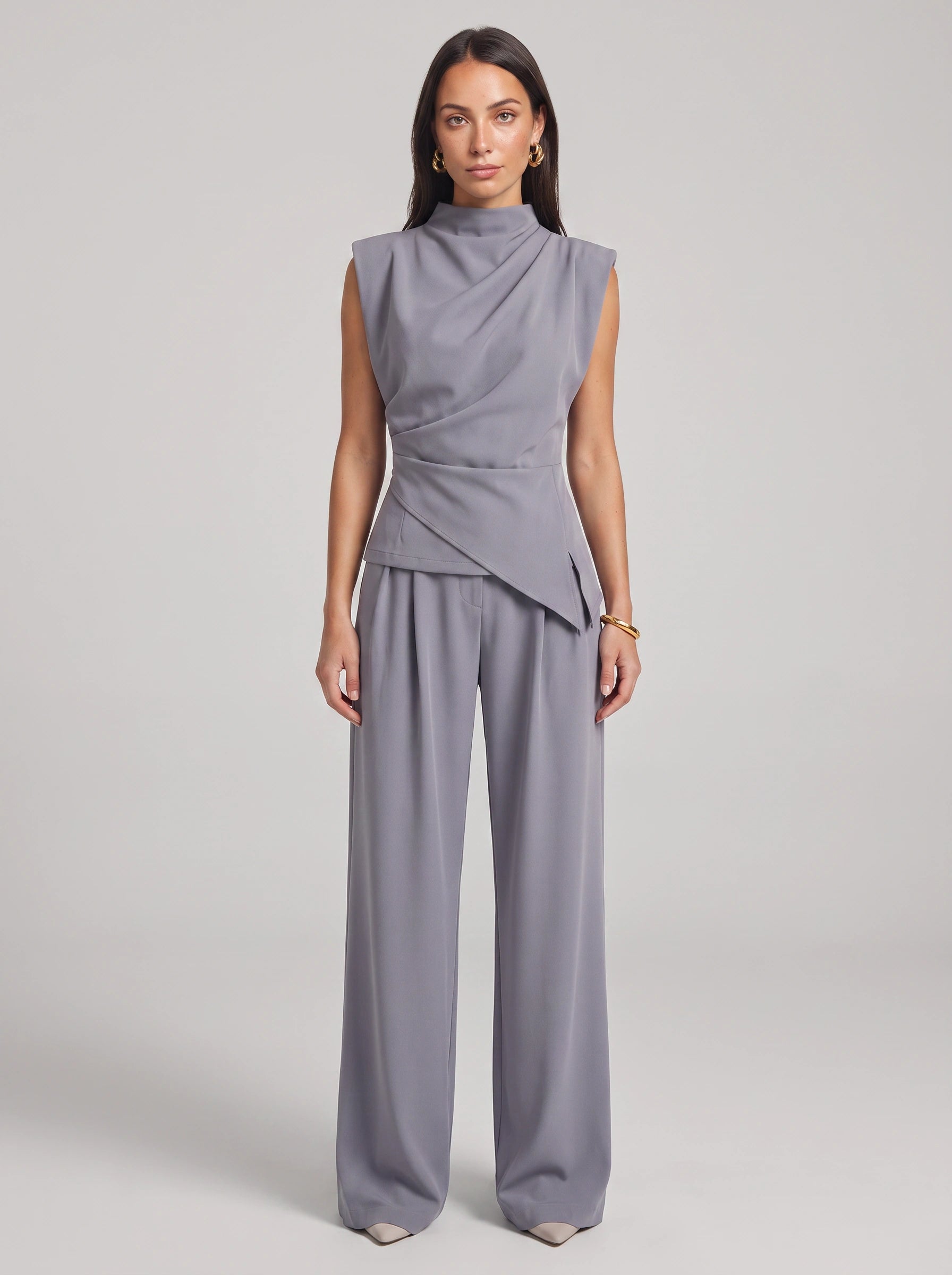 Piegara High-Neck Asymmetric Top Wide-Leg Trouser Set – Women Formal Evening Party Jumpsuit Summer