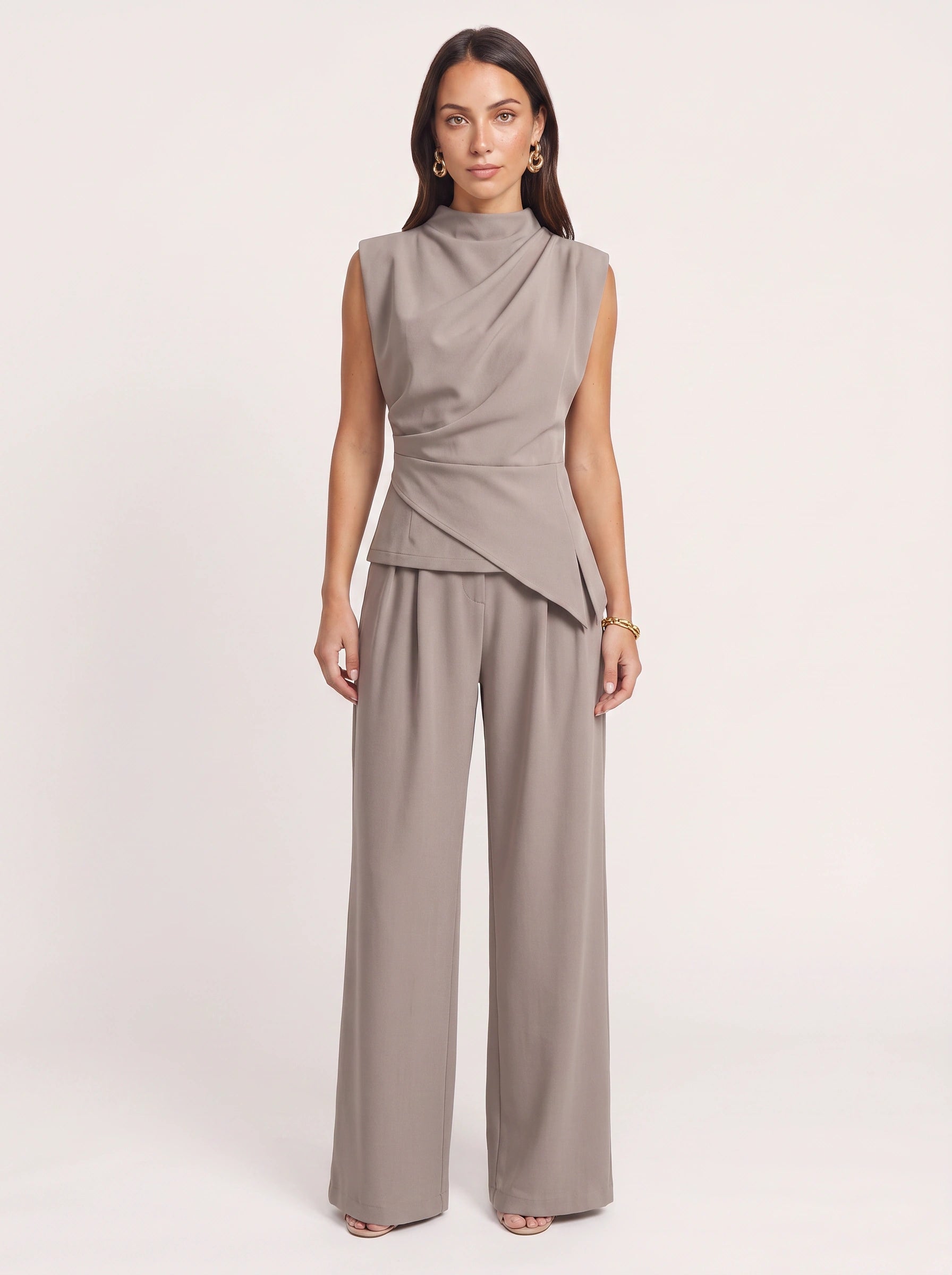 Piegara High-Neck Asymmetric Top Wide-Leg Trouser Set – Women Formal Evening Party Jumpsuit Summer