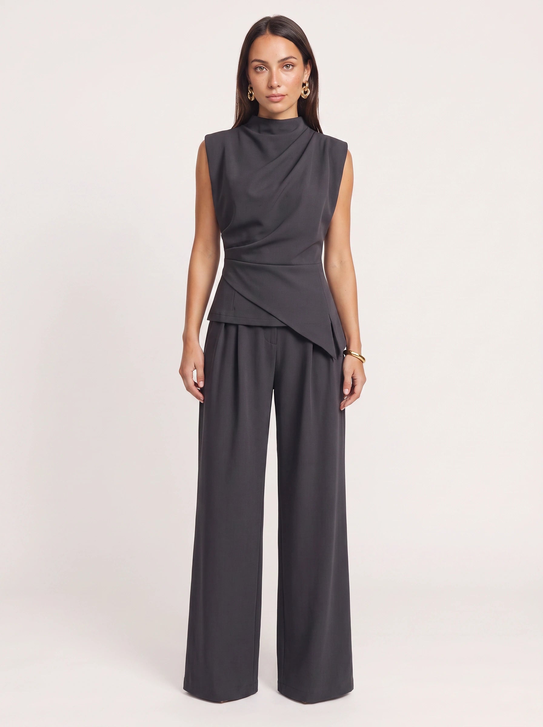 Piegara High-Neck Asymmetric Top Wide-Leg Trouser Set – Women Formal Evening Party Jumpsuit Summer