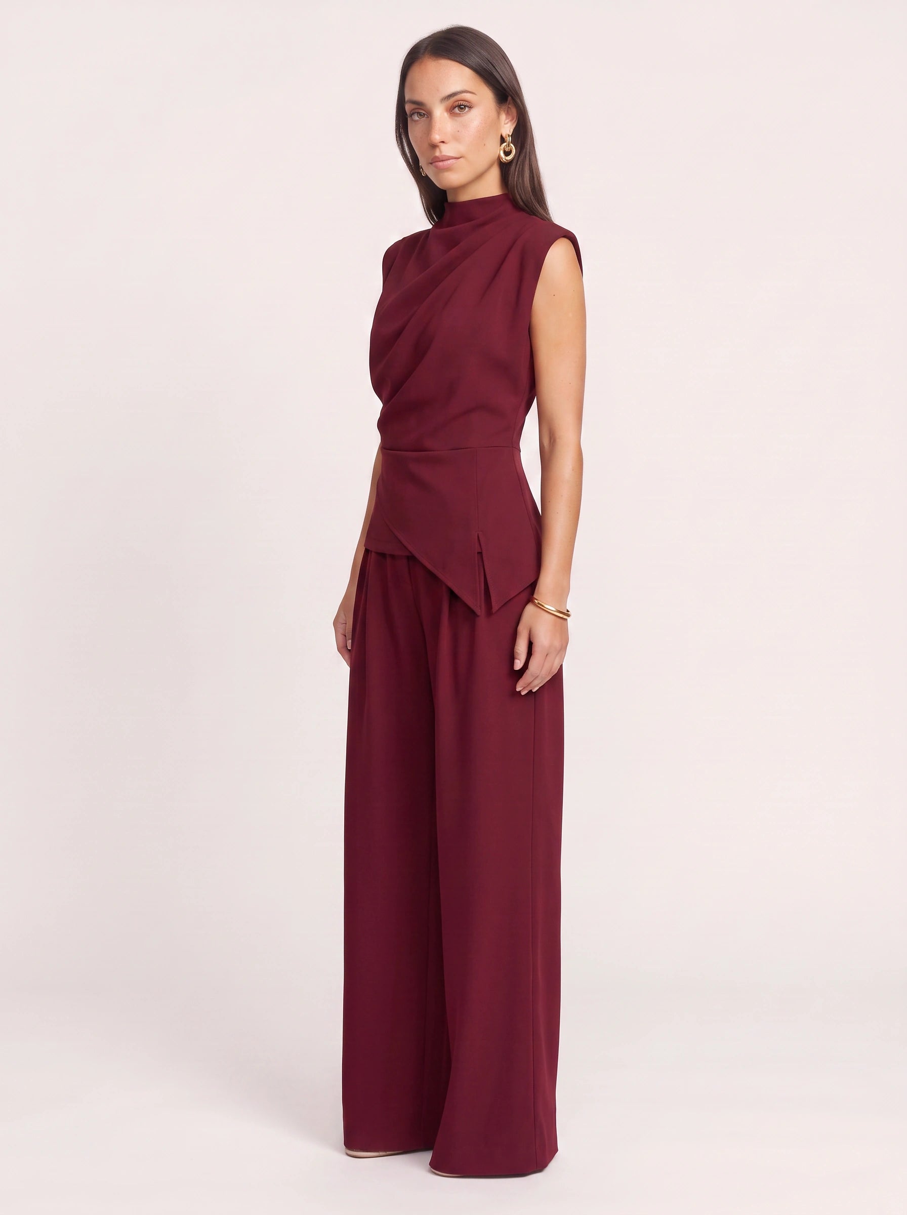 Piegara High-Neck Asymmetric Top Wide-Leg Trouser Set – Women Formal Evening Party Jumpsuit Summer