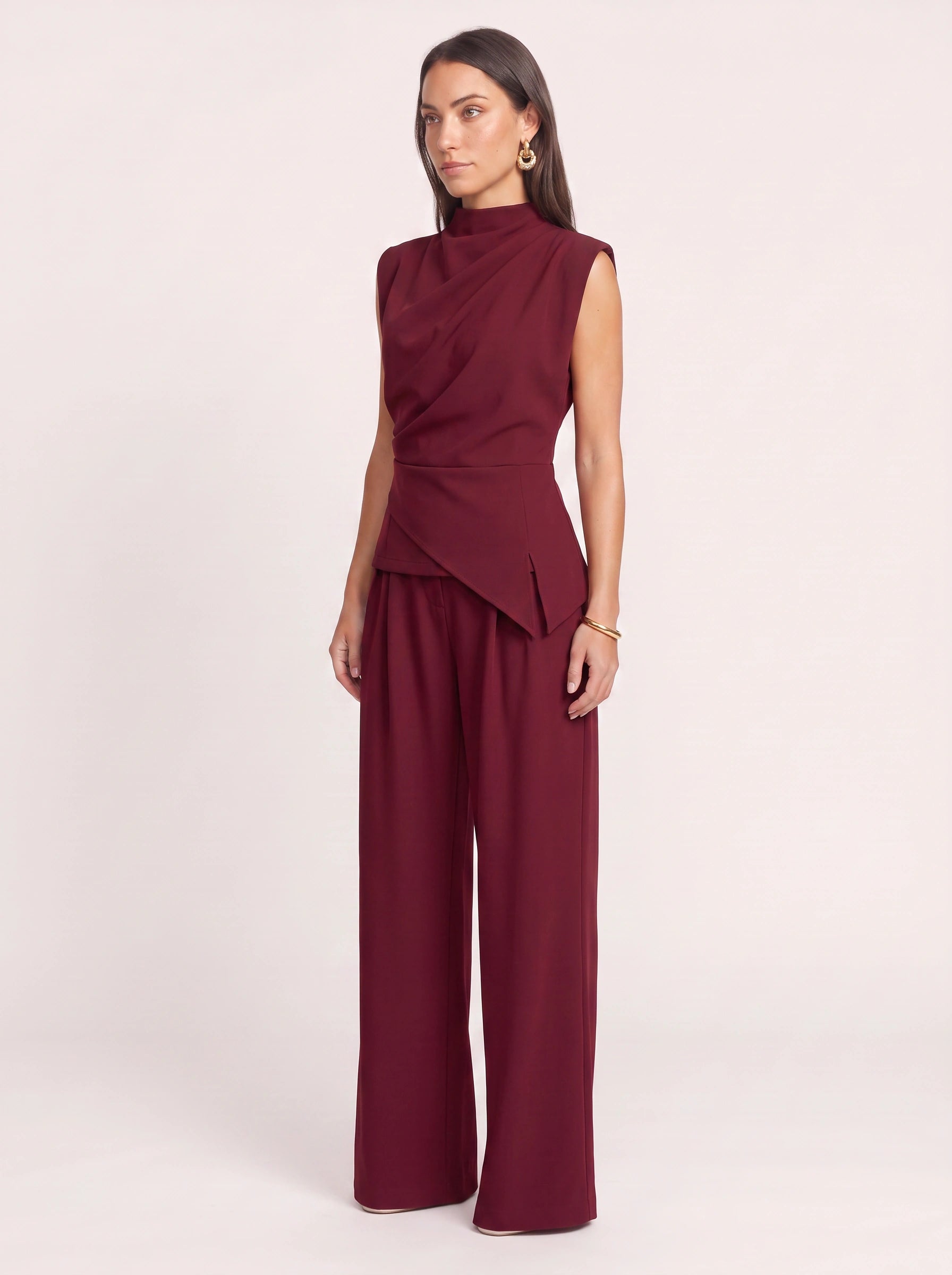 Piegara High-Neck Asymmetric Top Wide-Leg Trouser Set – Women Formal Evening Party Jumpsuit Summer