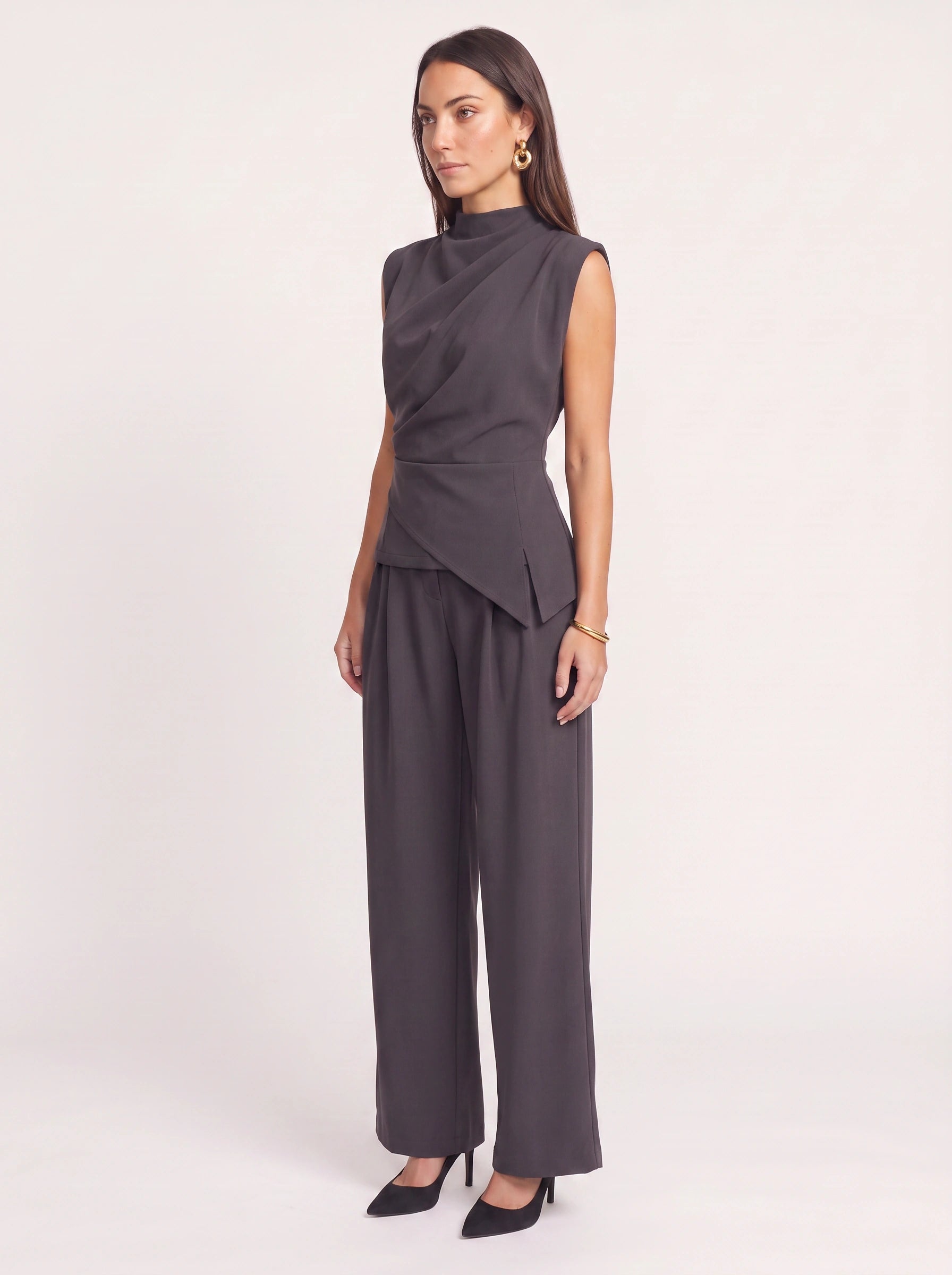 Piegara High-Neck Asymmetric Top Wide-Leg Trouser Set – Women Formal Evening Party Jumpsuit Summer