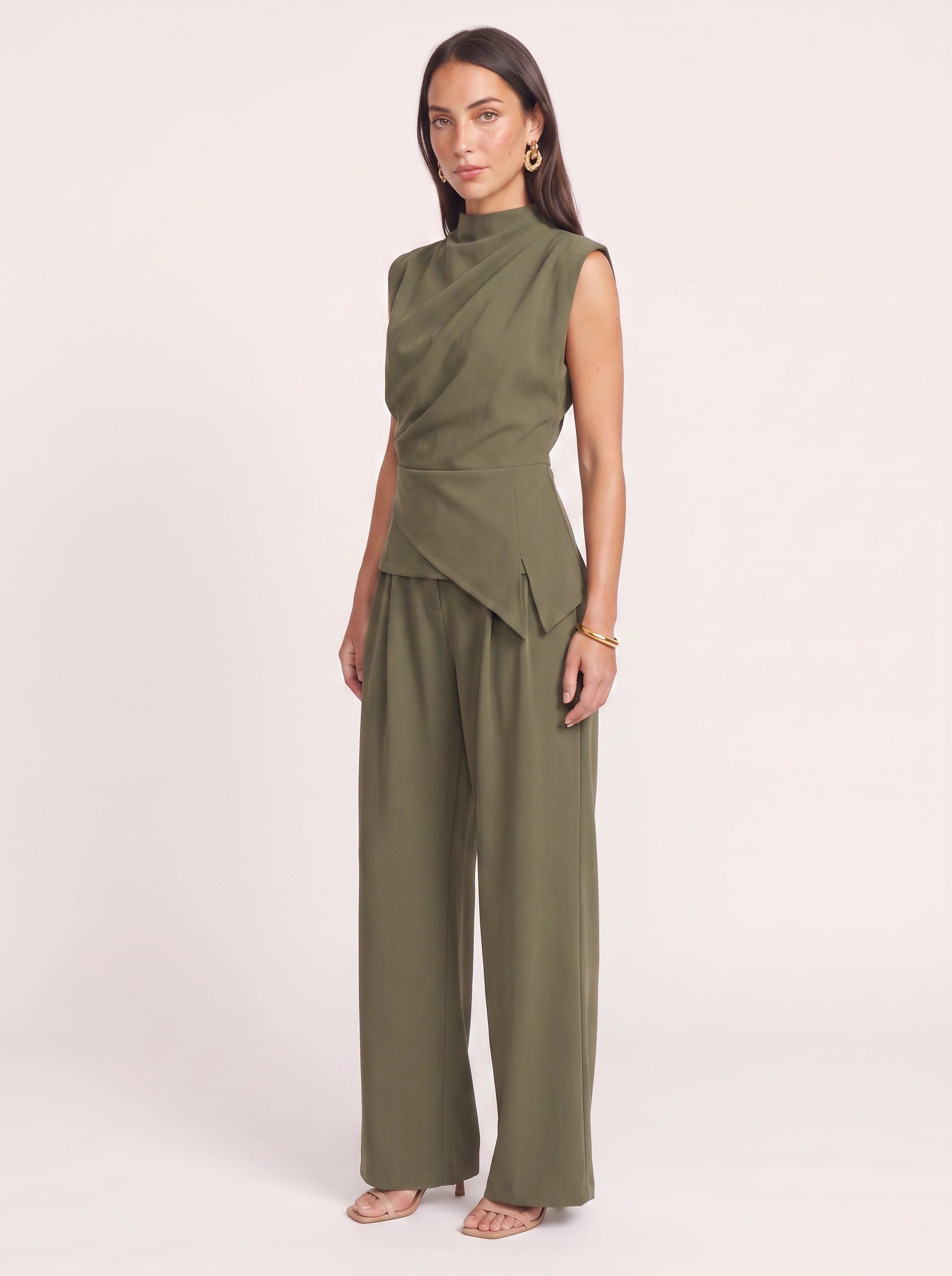 Piegara High-Neck Asymmetric Top Wide-Leg Trouser Set – Women Formal Evening Party Jumpsuit Summer