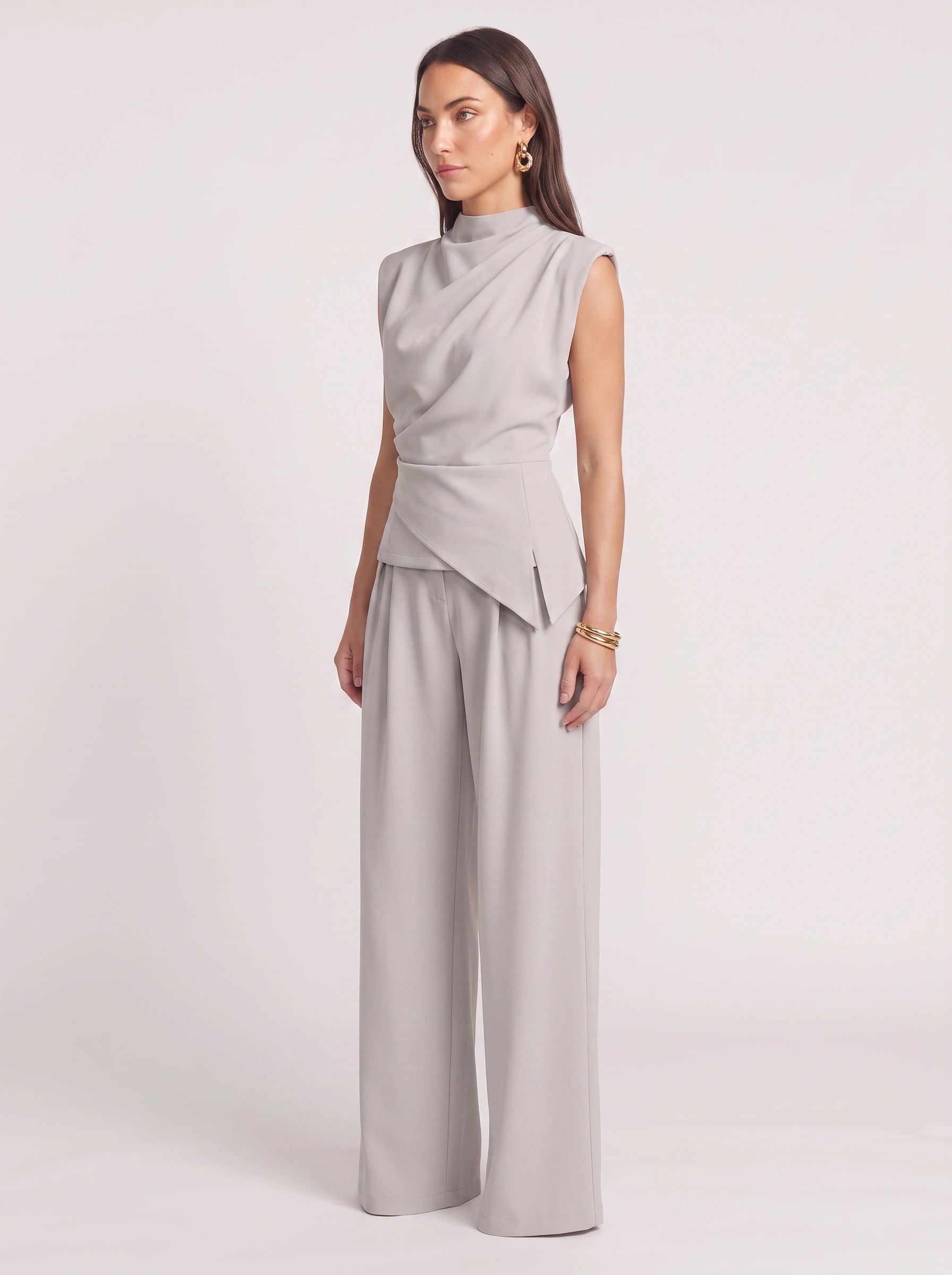Piegara High-Neck Asymmetric Top Wide-Leg Trouser Set – Women Formal Evening Party Jumpsuit Summer