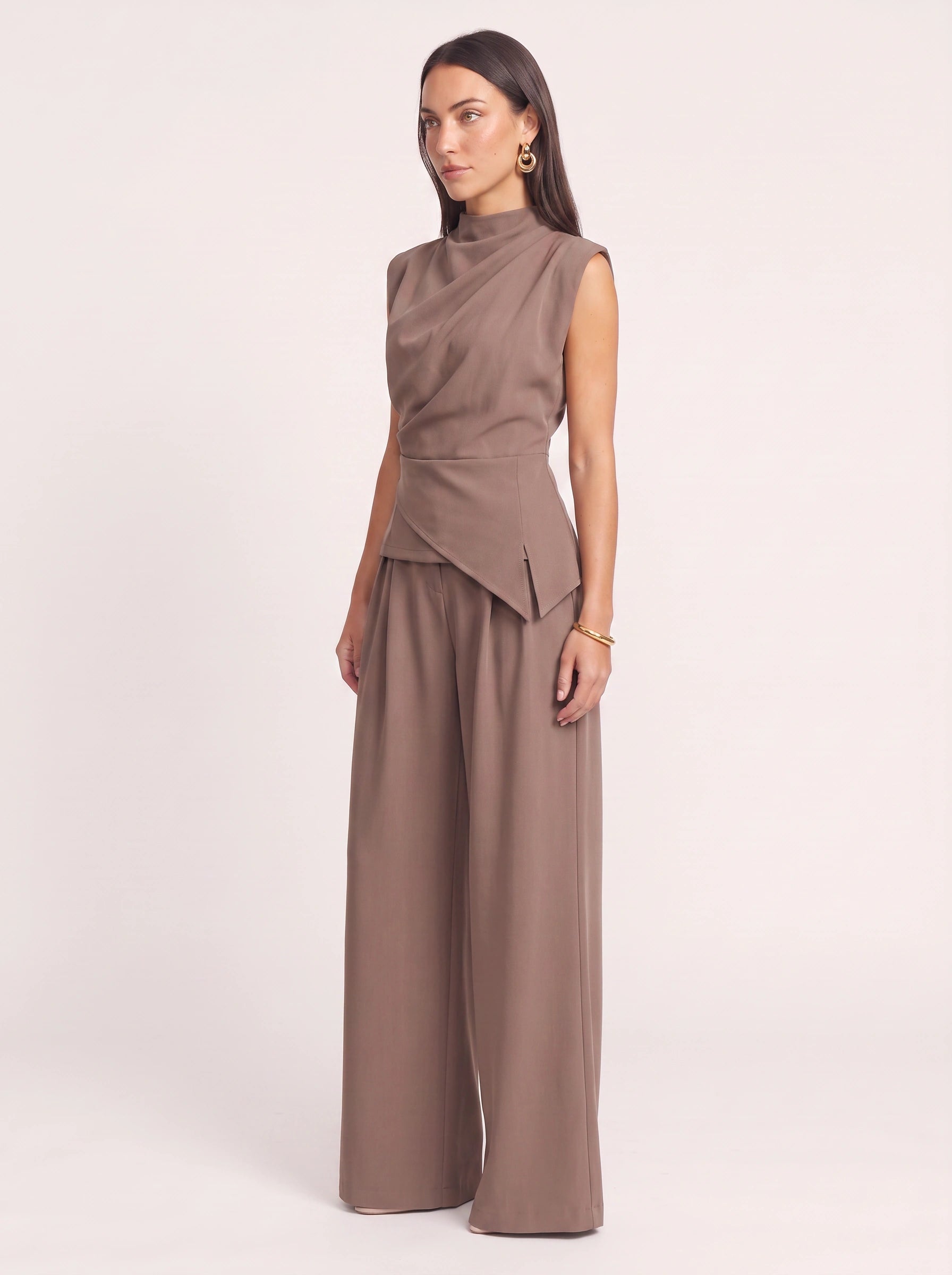 Piegara High-Neck Asymmetric Top Wide-Leg Trouser Set – Women Formal Evening Party Jumpsuit Summer