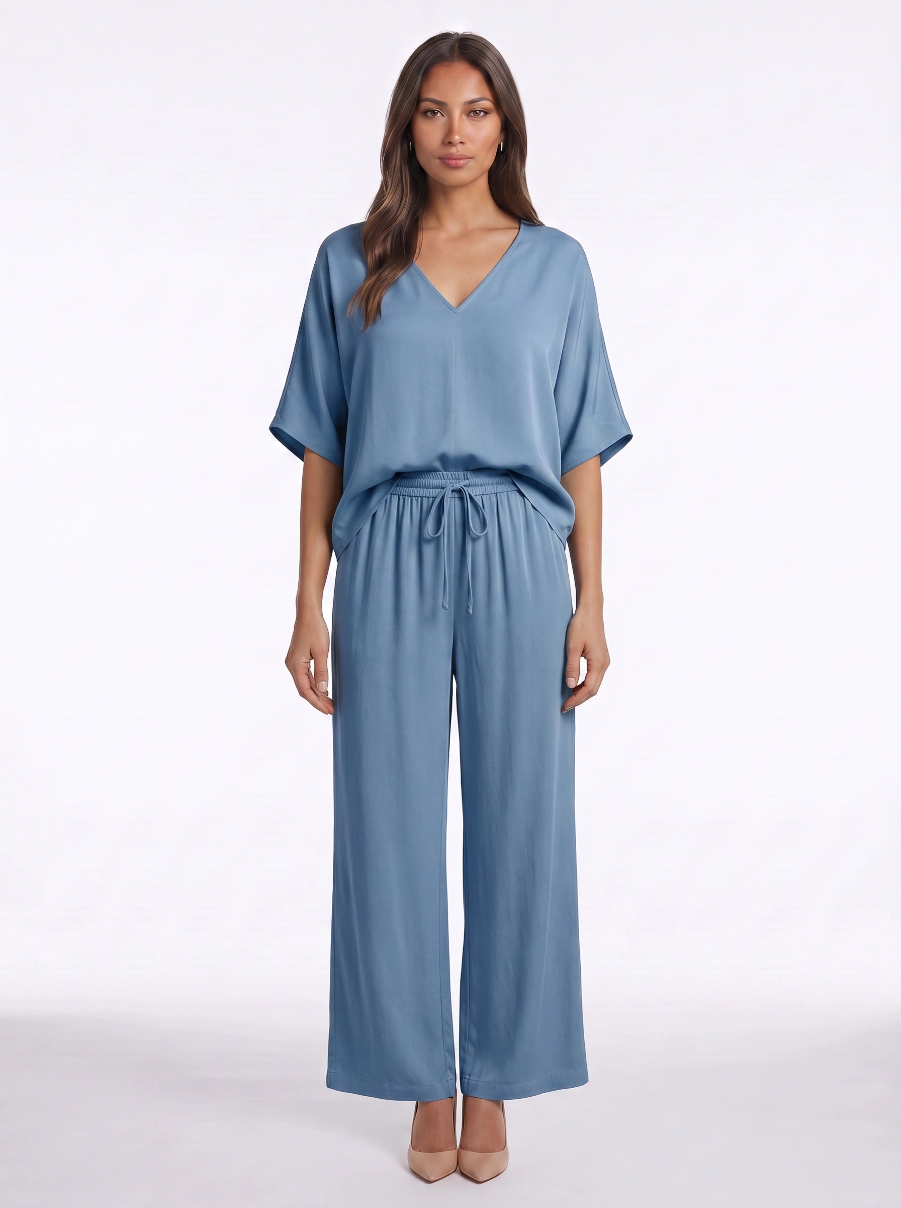 Riposa Oversized V-Neck Top Wide-Leg Trouser Set – Women Two Piece Lounge Casual Matching Co-Ord Set