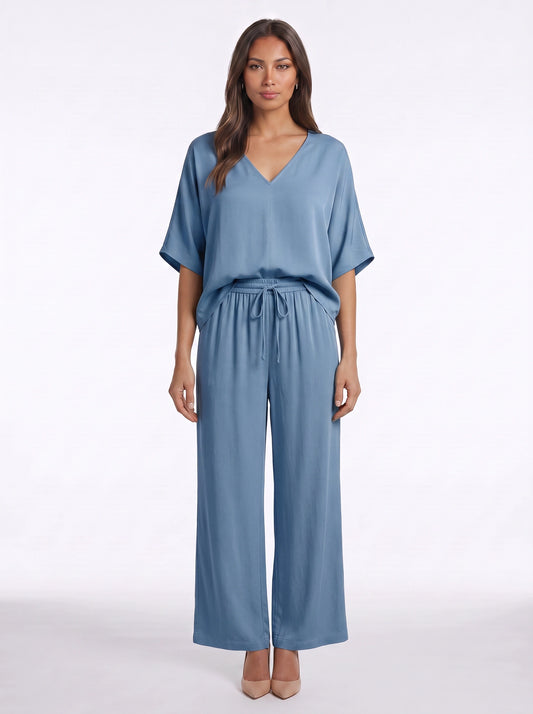 Riposa Oversized V-Neck Top Wide-Leg Trouser Set – Women Two Piece Lounge Casual Matching Co-Ord Set