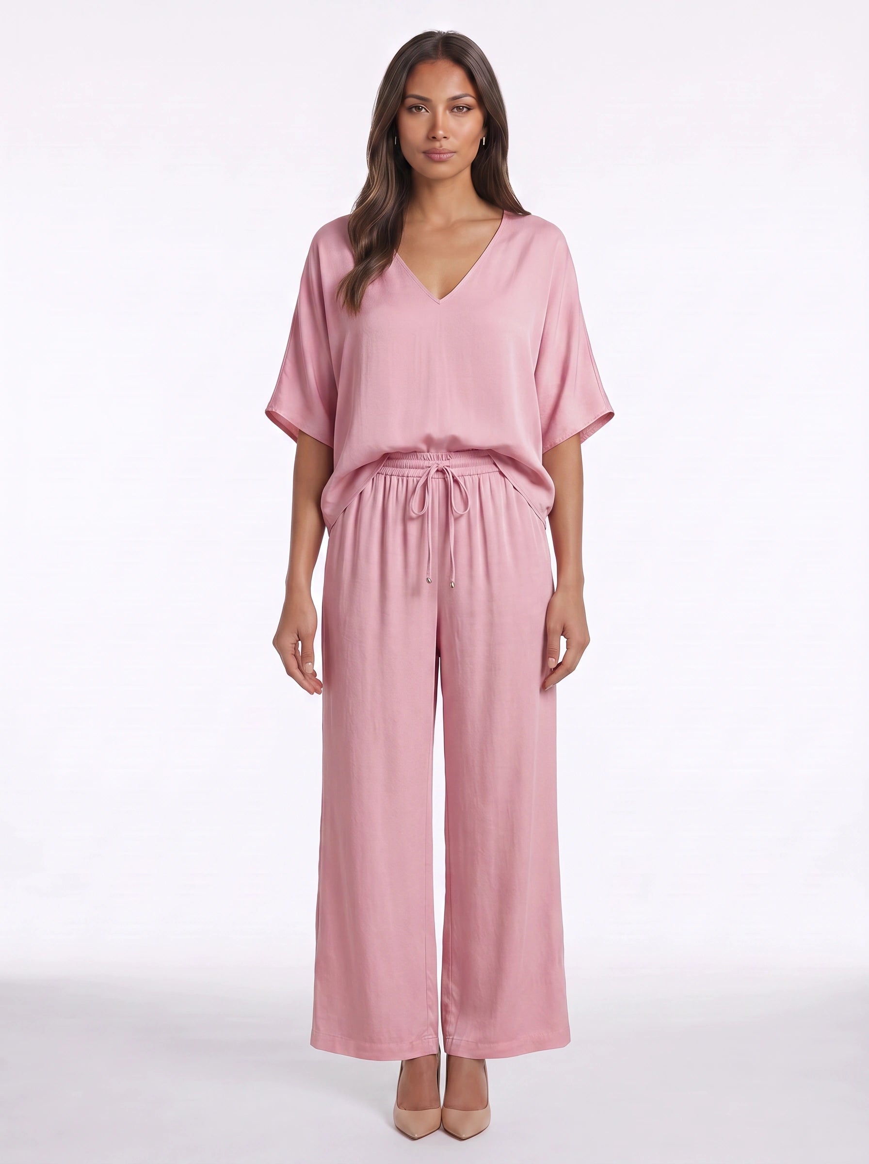 Riposa Oversized V-Neck Top Wide-Leg Trouser Set – Women Two Piece Lounge Casual Matching Co-Ord Set