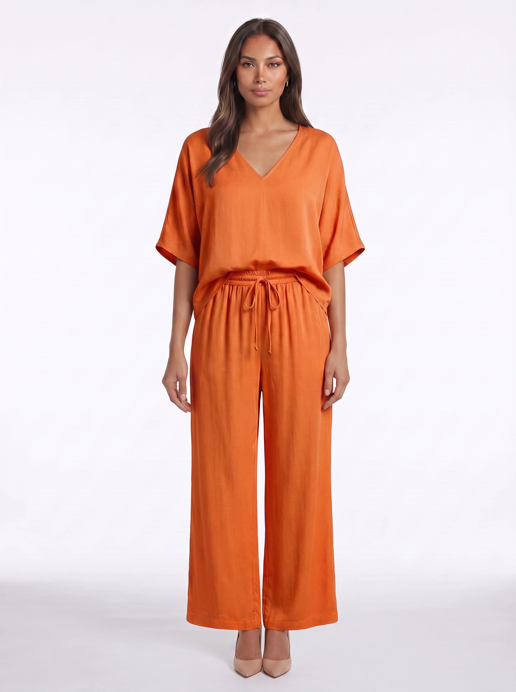 Riposa Oversized V-Neck Top Wide-Leg Trouser Set – Women Two Piece Lounge Casual Matching Co-Ord Set