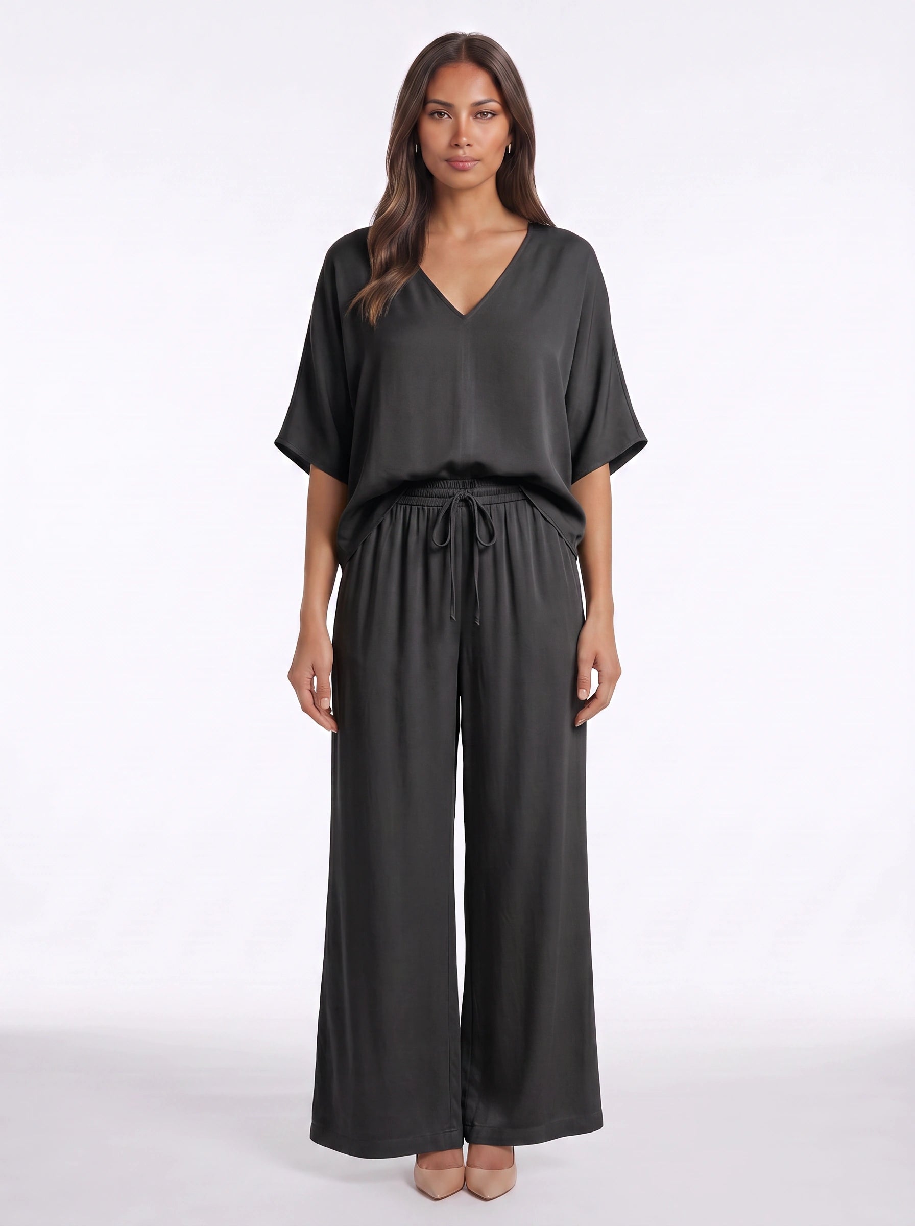 Riposa Oversized V-Neck Top Wide-Leg Trouser Set – Women Two Piece Lounge Casual Matching Co-Ord Set