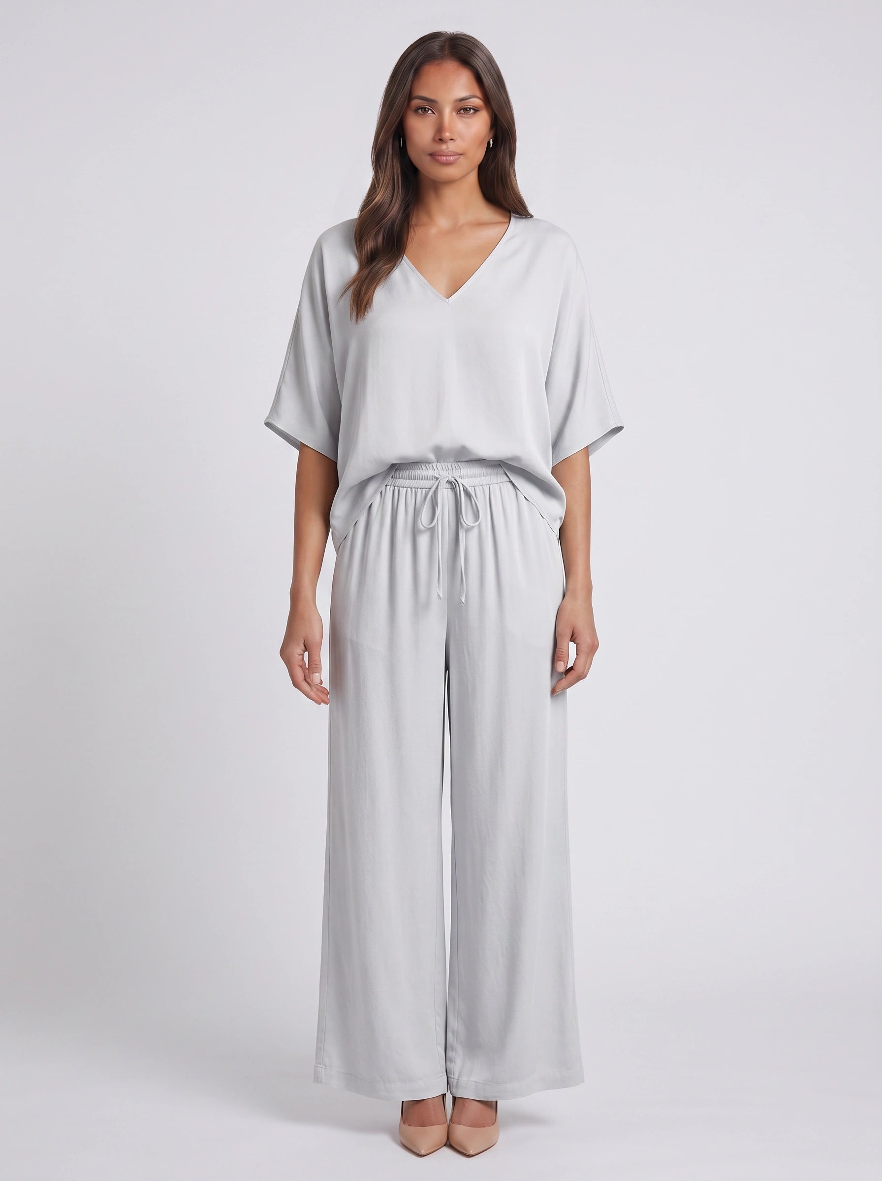 Riposa Oversized V-Neck Top Wide-Leg Trouser Set – Women Two Piece Lounge Casual Matching Co-Ord Set
