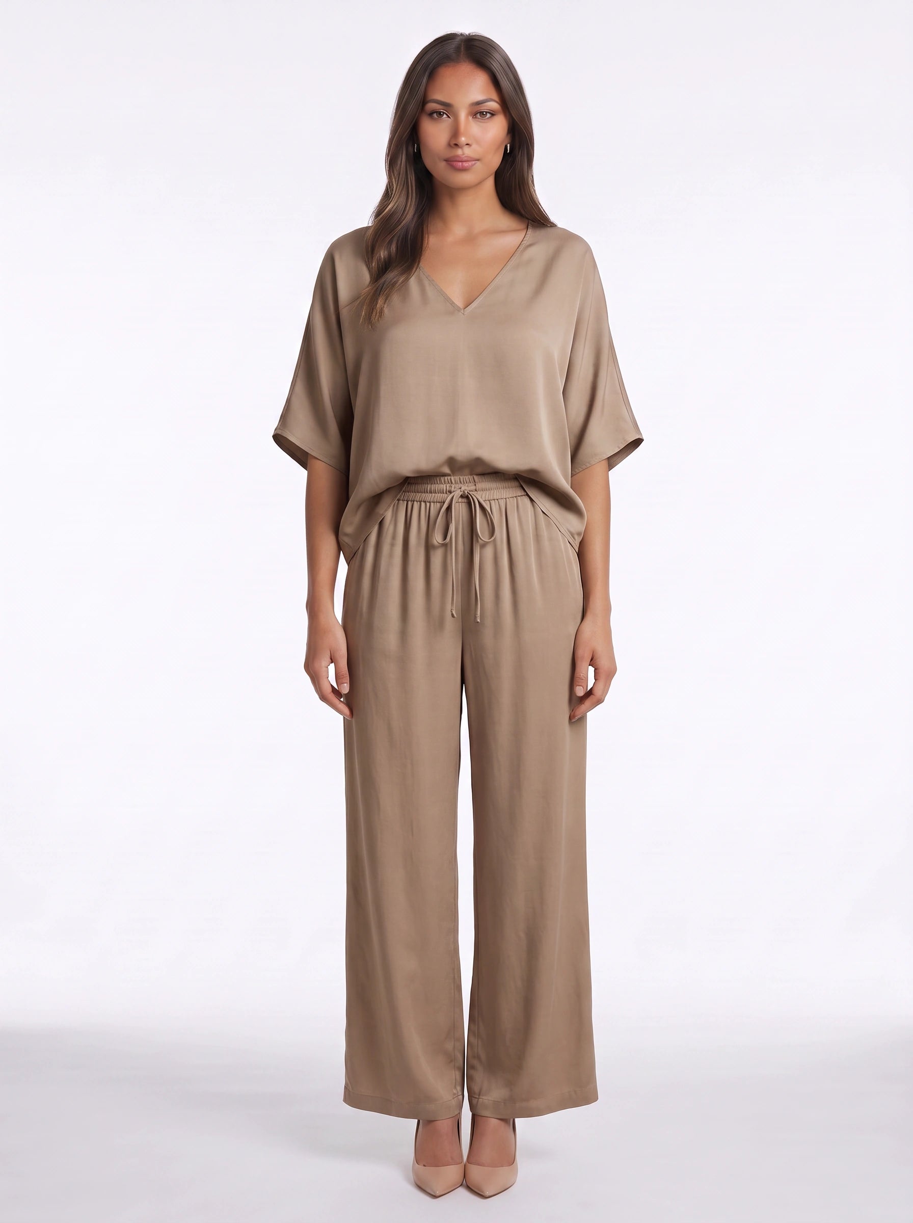 Riposa Oversized V-Neck Top Wide-Leg Trouser Set – Women Two Piece Lounge Casual Matching Co-Ord Set