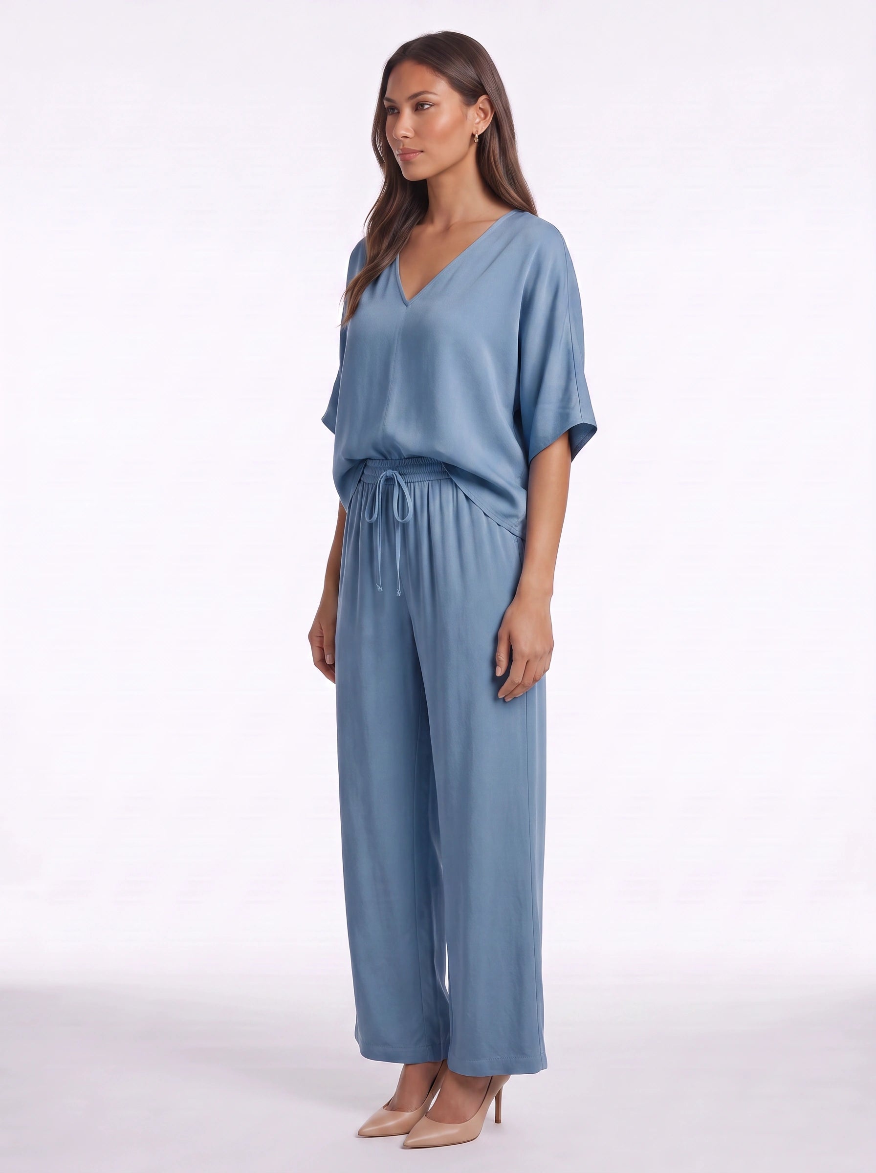 Riposa Oversized V-Neck Top Wide-Leg Trouser Set – Women Two Piece Lounge Casual Matching Co-Ord Set
