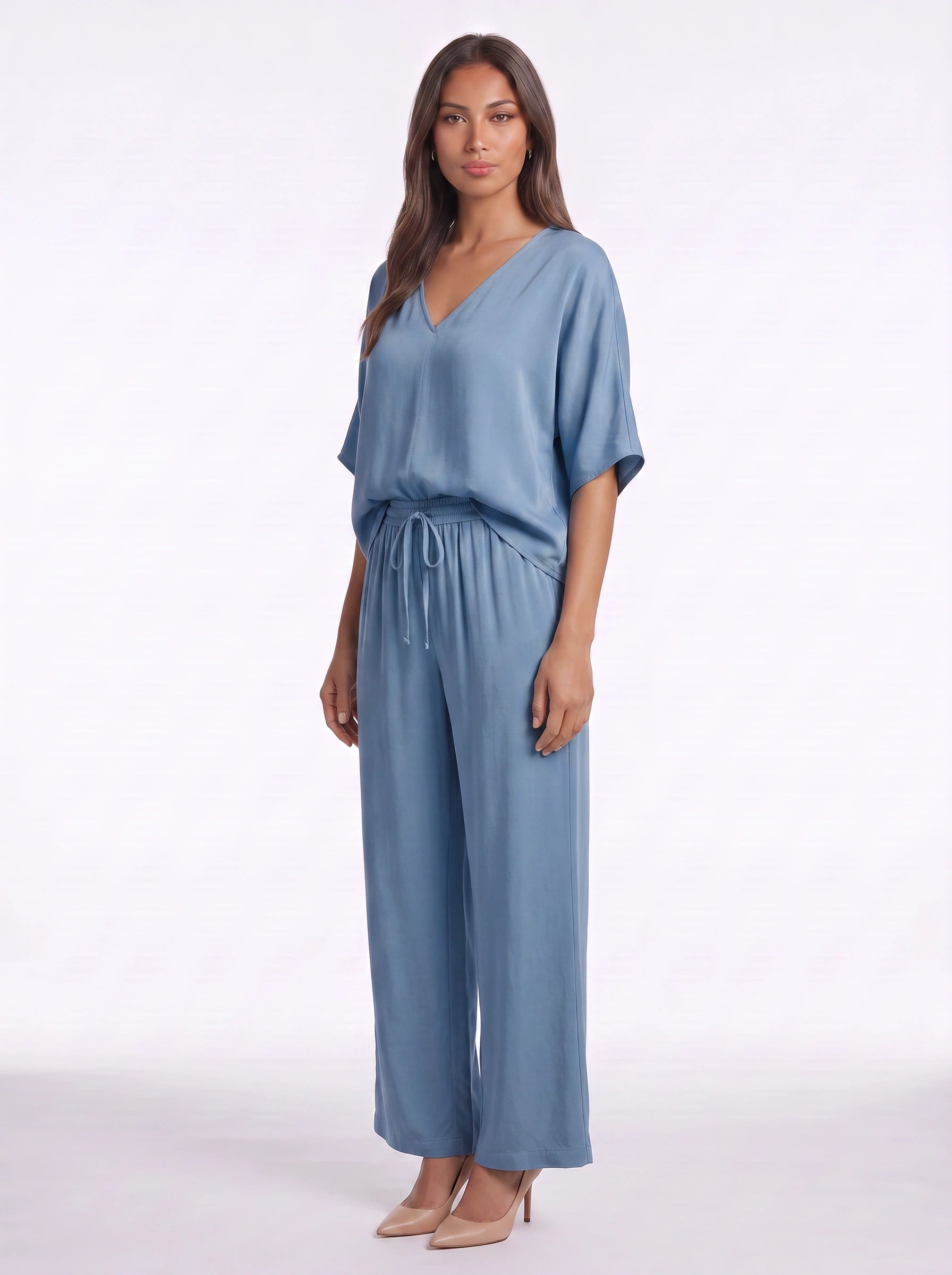 Riposa Oversized V-Neck Top Wide-Leg Trouser Set – Women Two Piece Lounge Casual Matching Co-Ord Set
