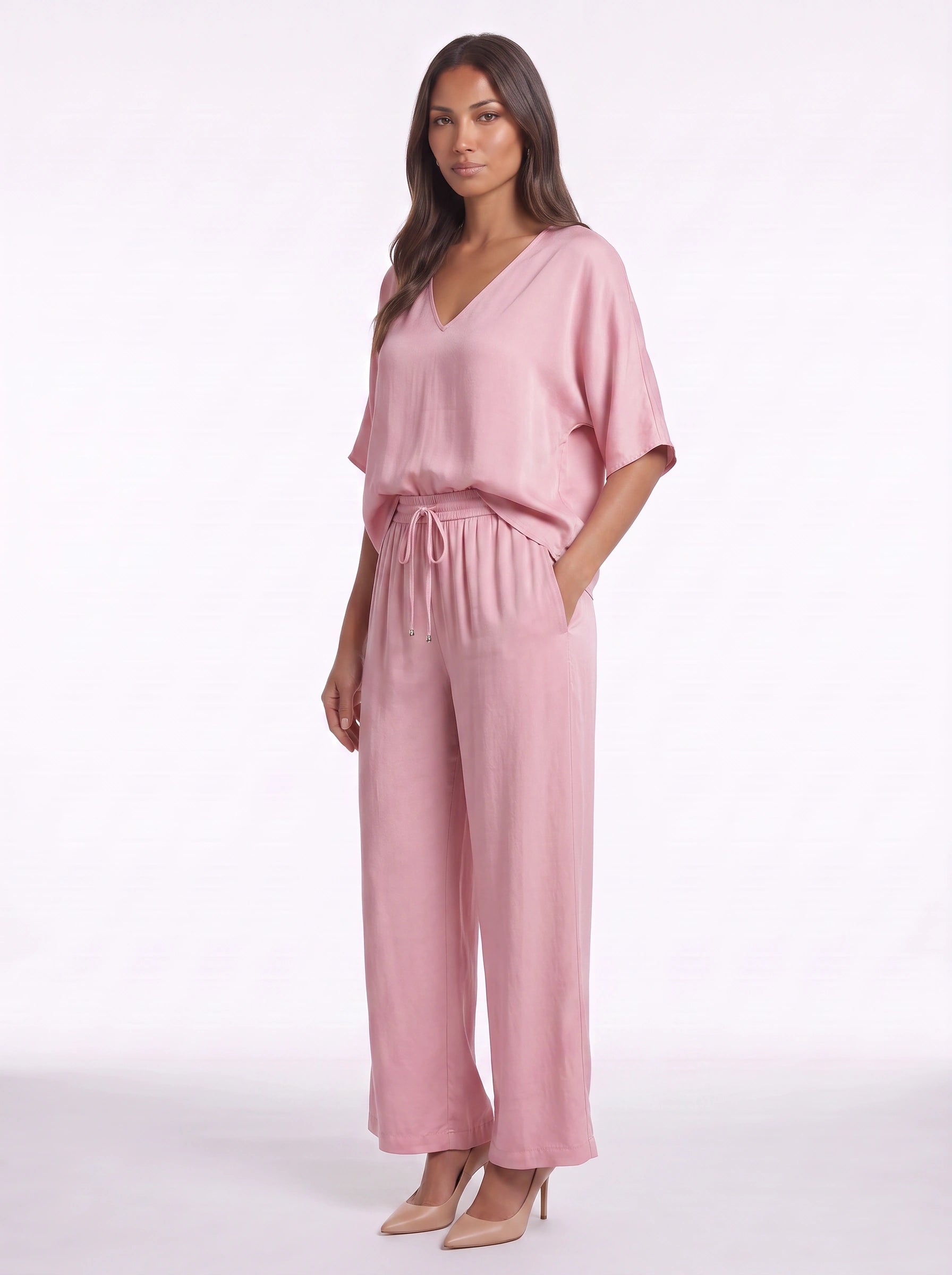 Riposa Oversized V-Neck Top Wide-Leg Trouser Set – Women Two Piece Lounge Casual Matching Co-Ord Set