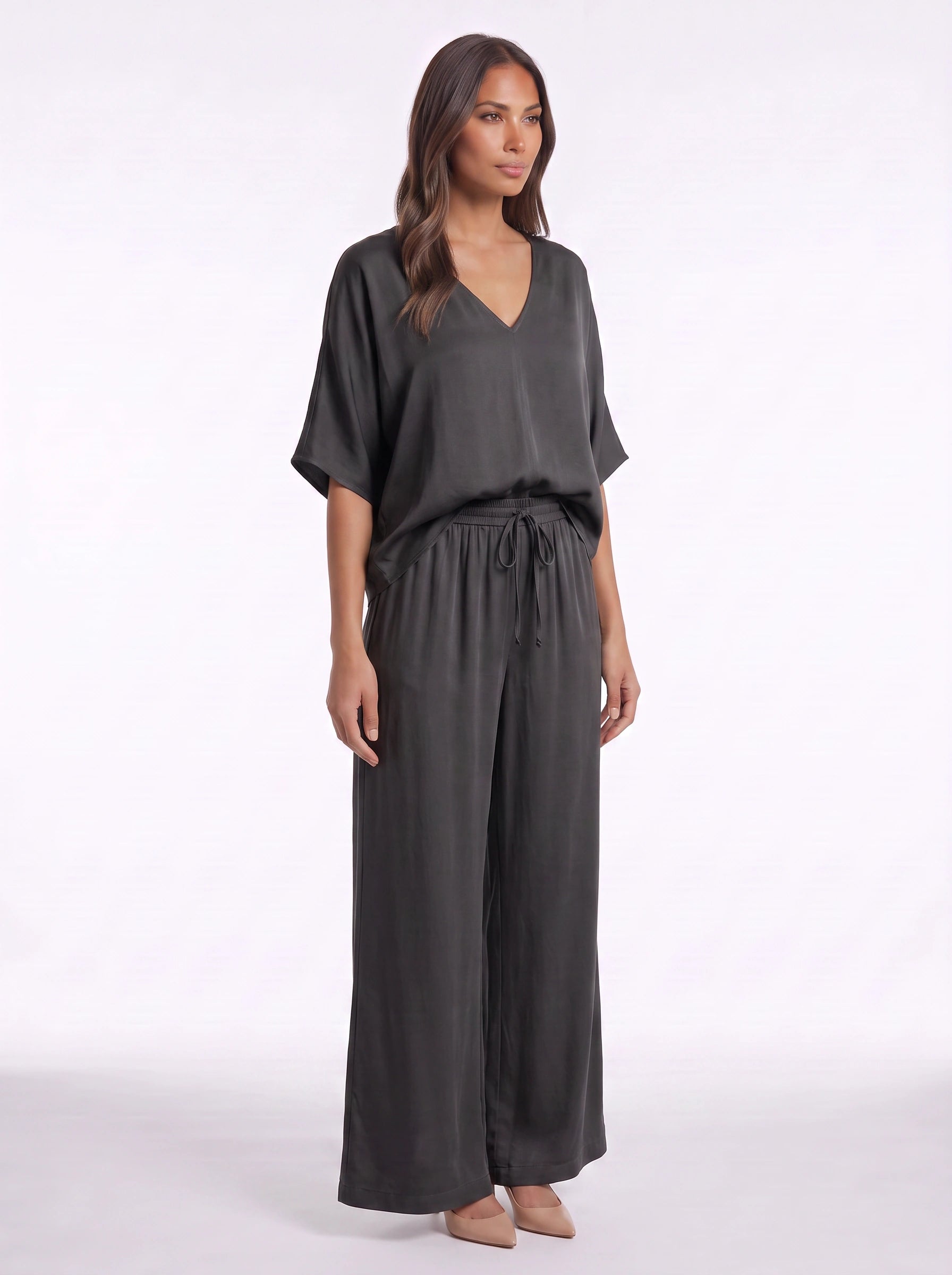 Riposa Oversized V-Neck Top Wide-Leg Trouser Set – Women Two Piece Lounge Casual Matching Co-Ord Set