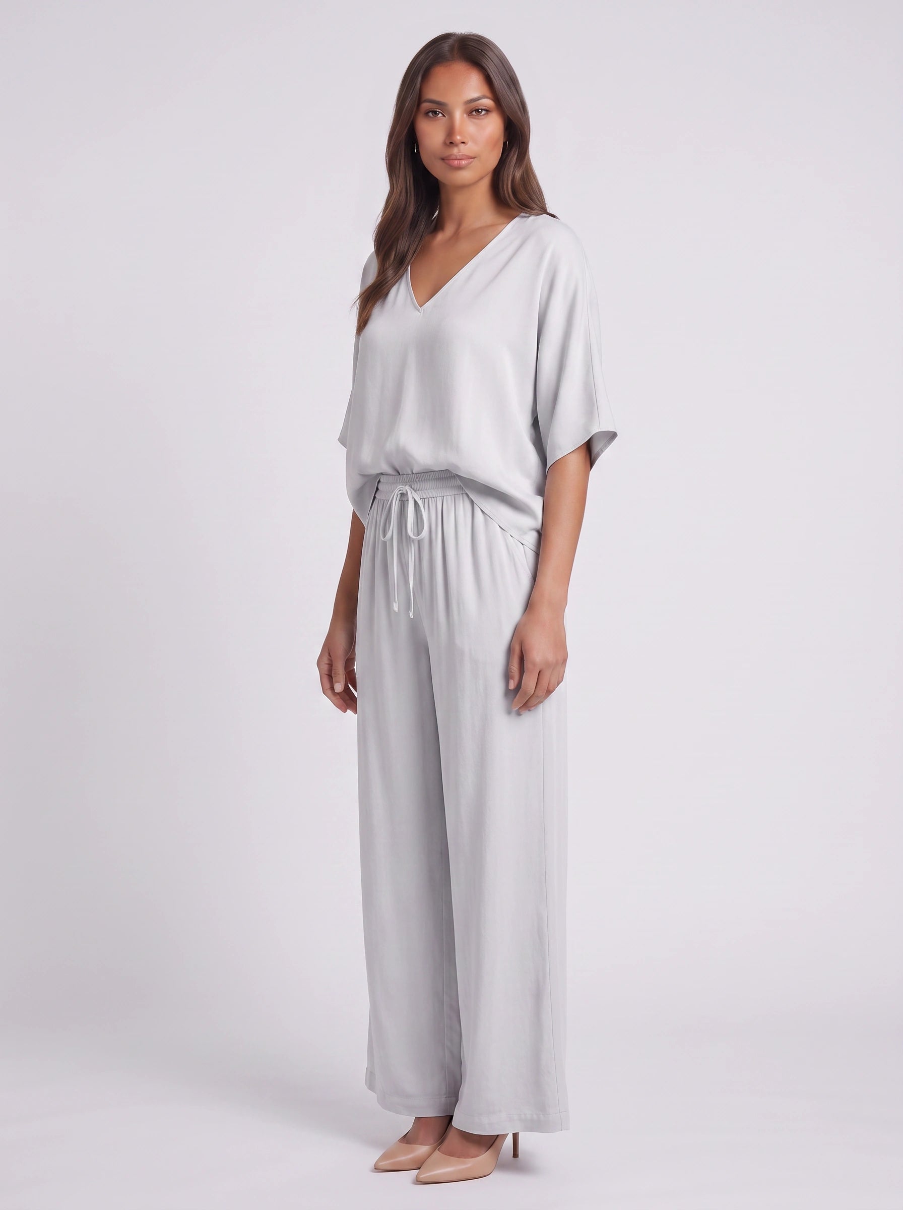 Riposa Oversized V-Neck Top Wide-Leg Trouser Set – Women Two Piece Lounge Casual Matching Co-Ord Set