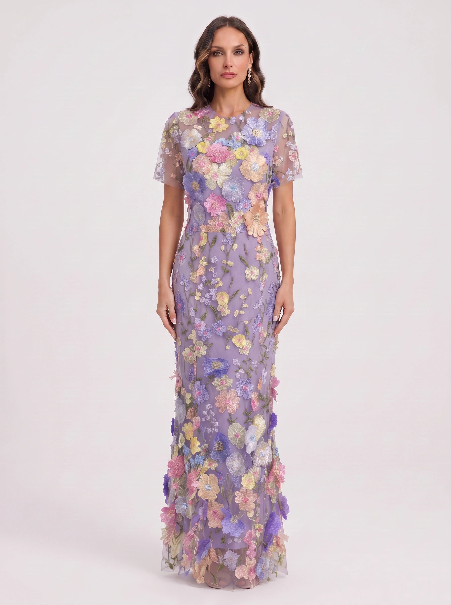 Floretta 3D Floral Embroidered Tulle Maxi Dress – Women Formal Wedding Guest Evening Elegant Maxi Dress