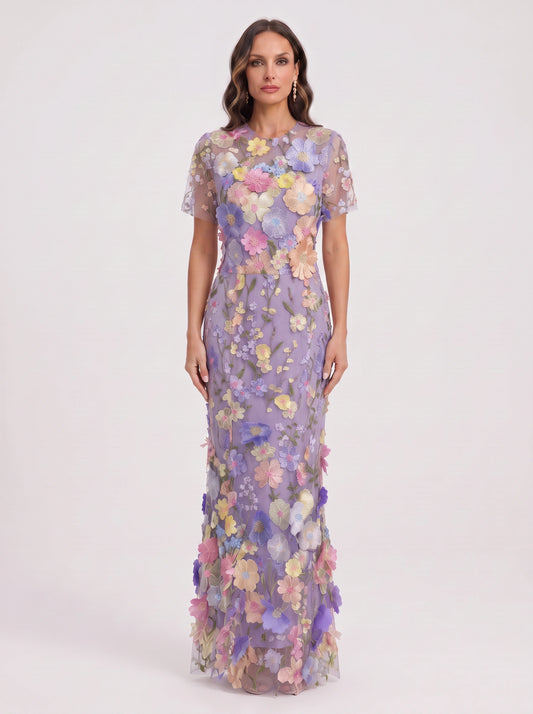 Floretta 3D Floral Embroidered Tulle Maxi Dress – Women Formal Wedding Guest Evening Elegant Maxi Dress