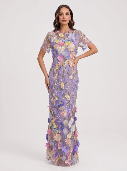 Floretta 3D Floral Embroidered Tulle Maxi Dress – Women Formal Wedding Guest Evening Elegant Maxi Dress