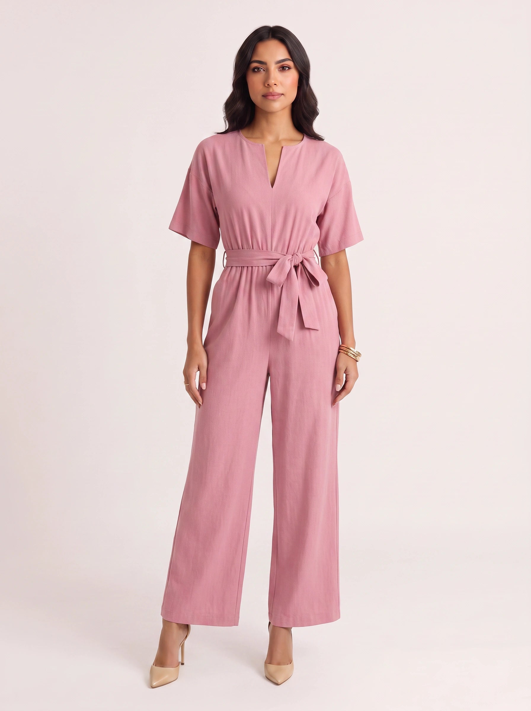 Rosenna V-Neck Belted Wide-Leg Jumpsuit – Women Summer Casual Elasticized Waist Front Pockets Jumpsuit