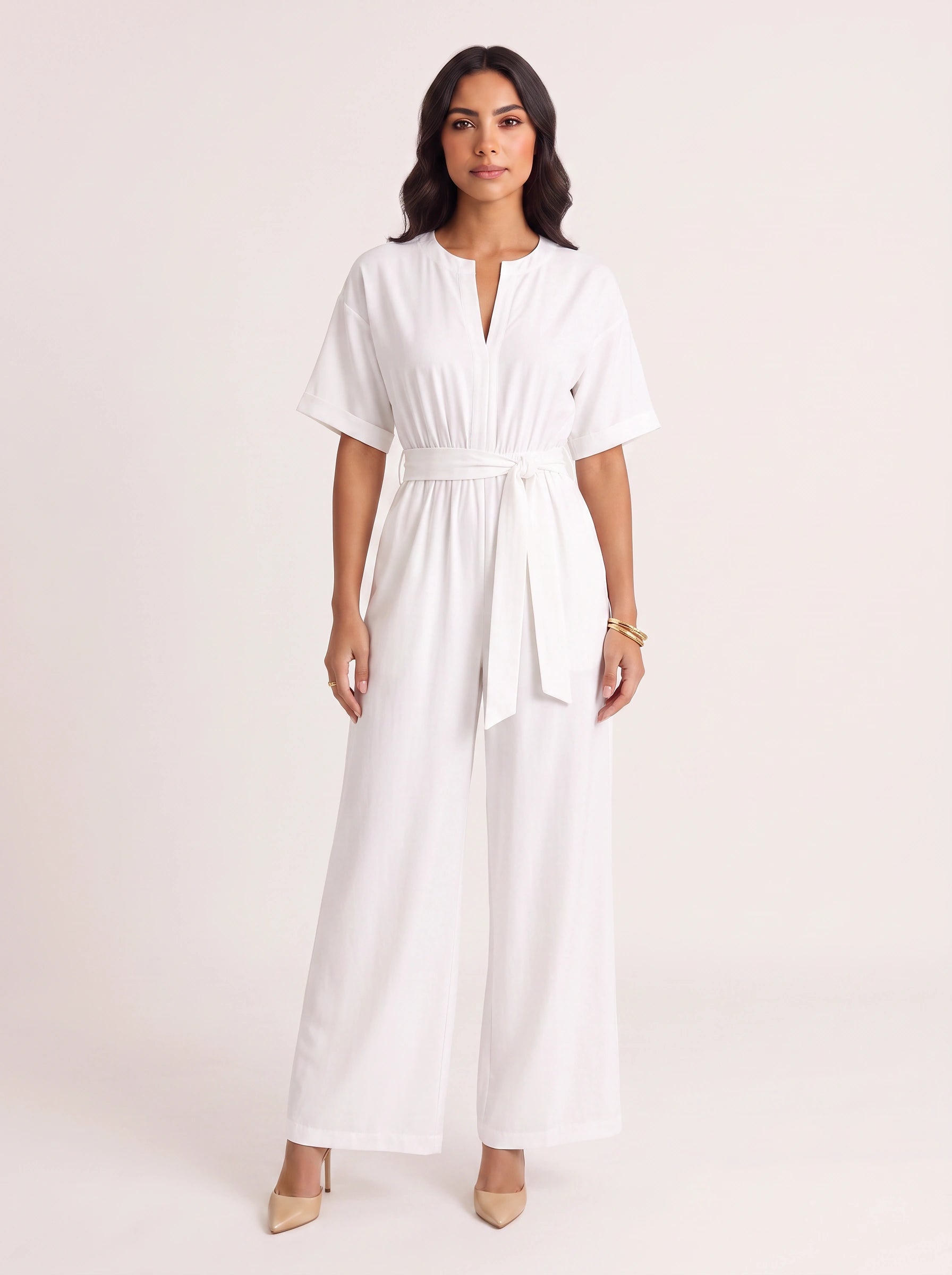 Rosenna V-Neck Belted Wide-Leg Jumpsuit – Women Summer Casual Elasticized Waist Front Pockets Jumpsuit