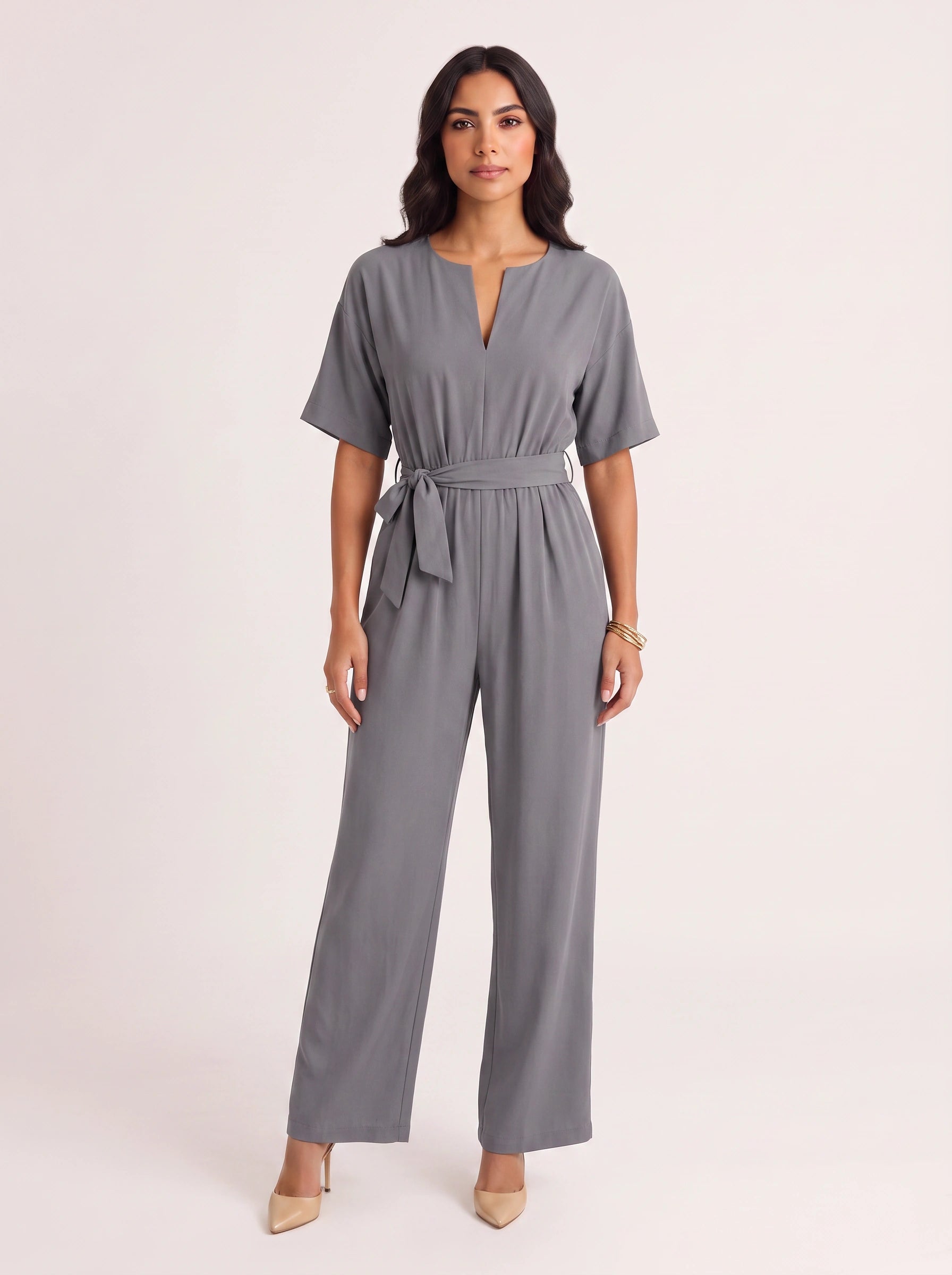 Rosenna V-Neck Belted Wide-Leg Jumpsuit – Women Summer Casual Elasticized Waist Front Pockets Jumpsuit