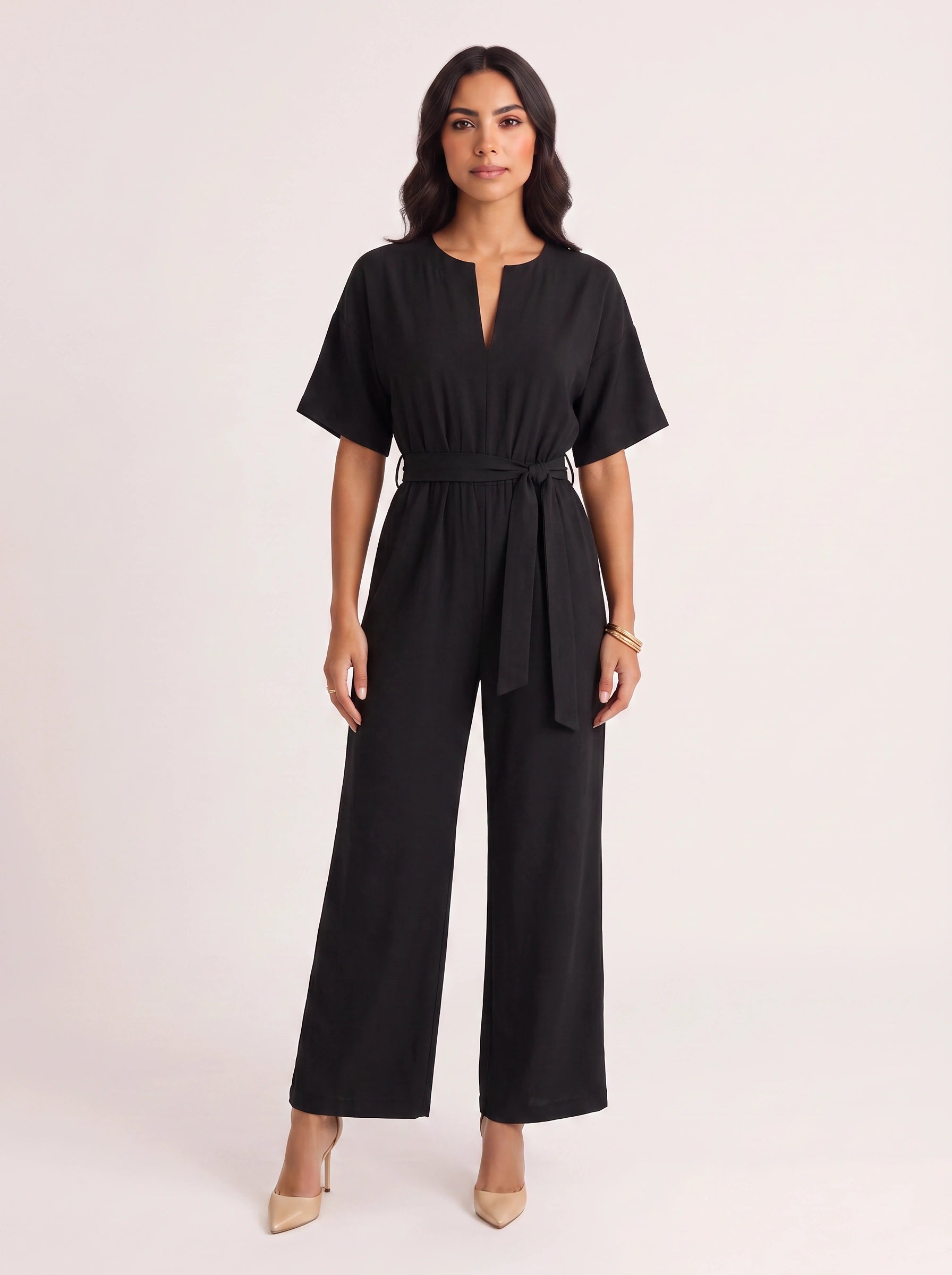 Rosenna V-Neck Belted Wide-Leg Jumpsuit – Women Summer Casual Elasticized Waist Front Pockets Jumpsuit