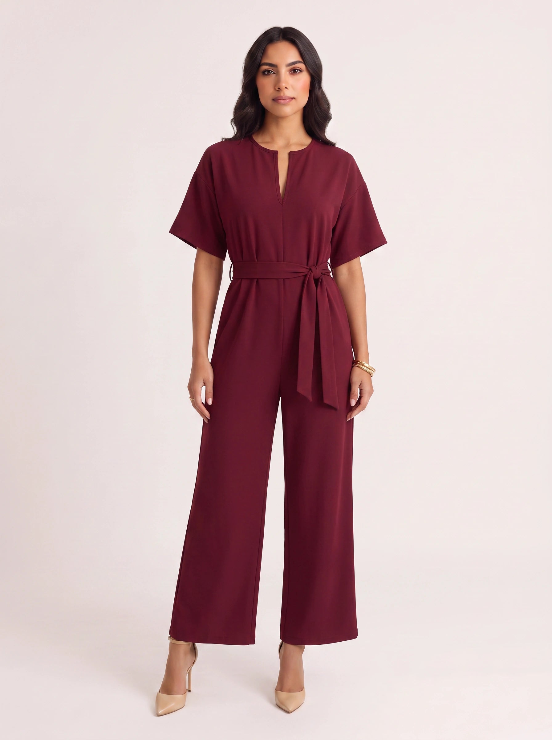 Rosenna V-Neck Belted Wide-Leg Jumpsuit – Women Summer Casual Elasticized Waist Front Pockets Jumpsuit