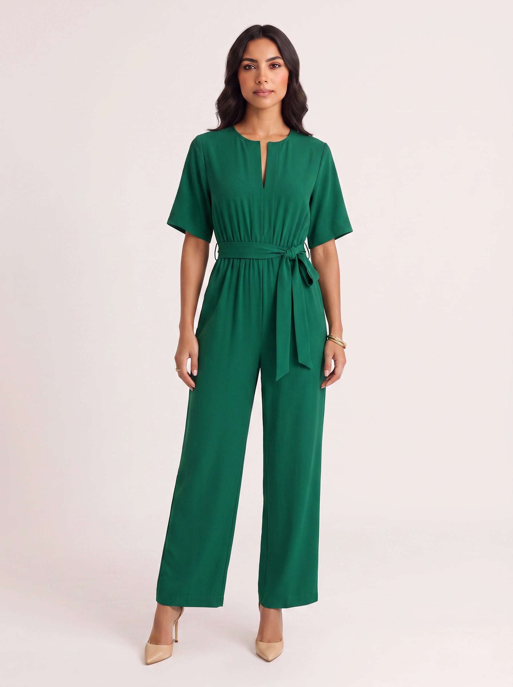Rosenna V-Neck Belted Wide-Leg Jumpsuit – Women Summer Casual Elasticized Waist Front Pockets Jumpsuit