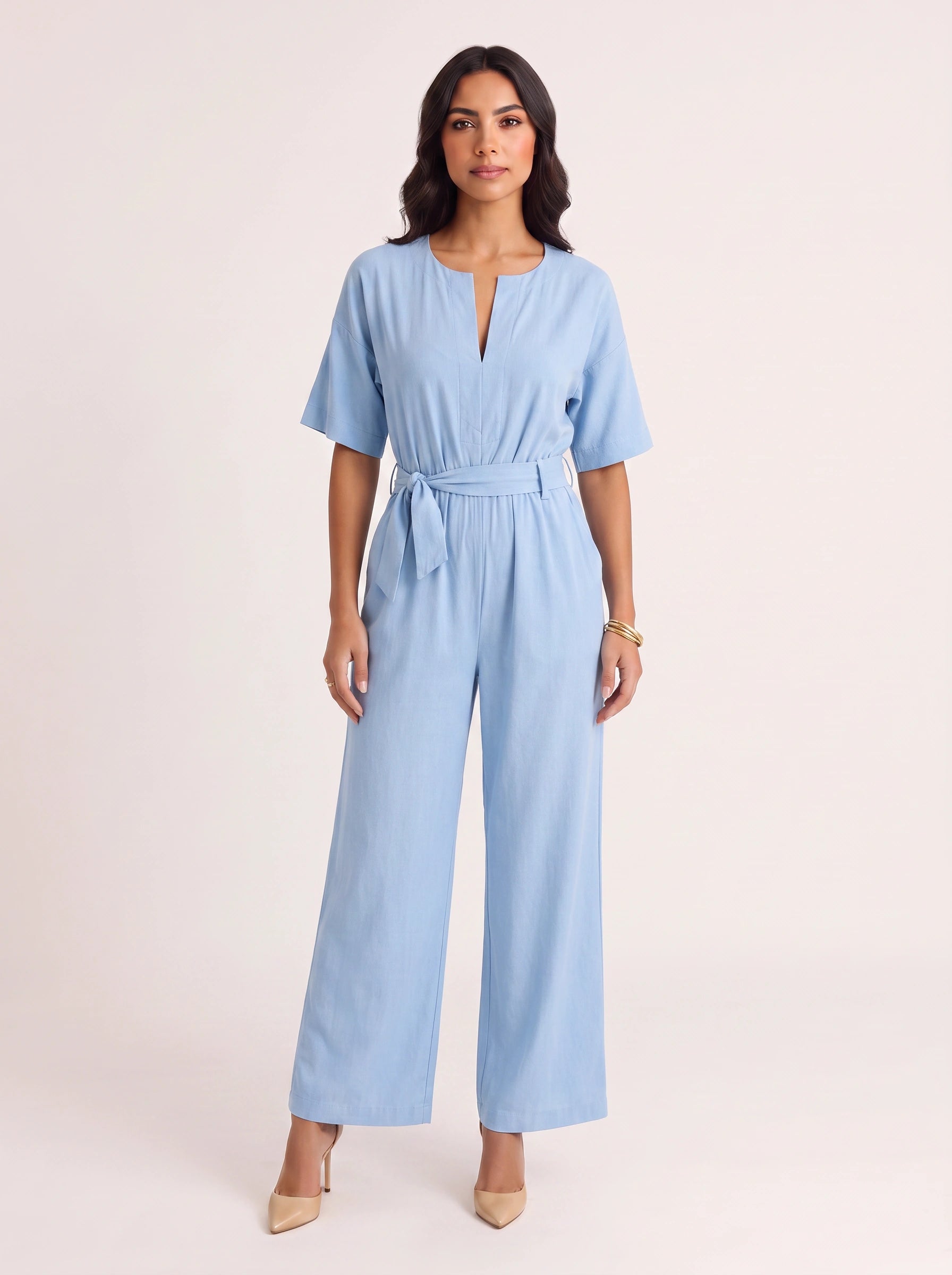 Rosenna V-Neck Belted Wide-Leg Jumpsuit – Women Summer Casual Elasticized Waist Front Pockets Jumpsuit
