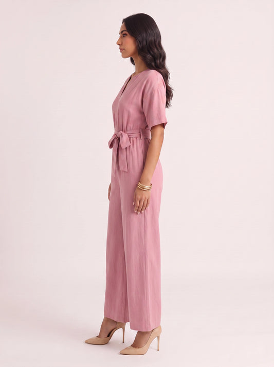 Rosenna V-Neck Belted Wide-Leg Jumpsuit – Women Summer Casual Elasticized Waist Front Pockets Jumpsuit