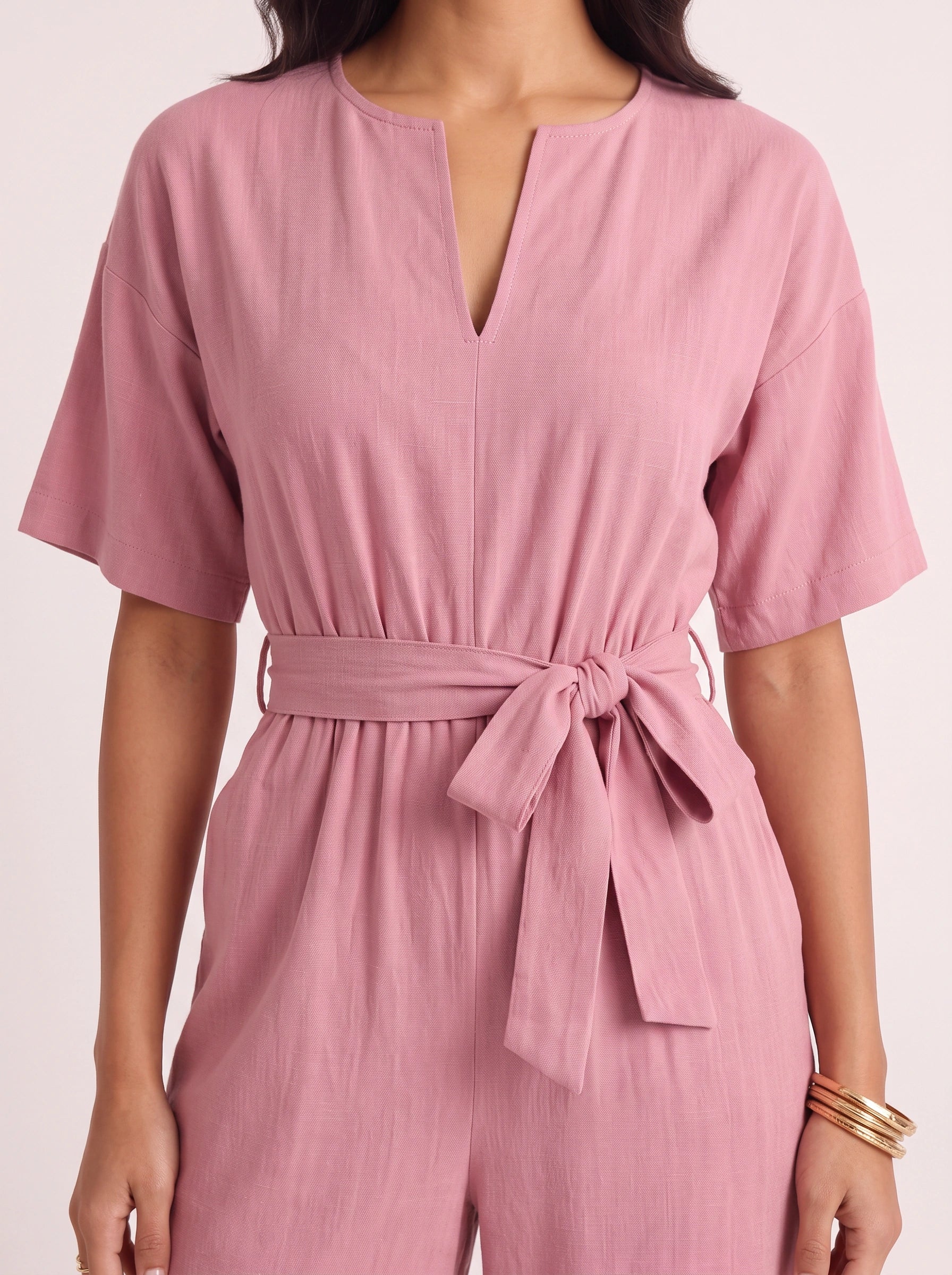 Rosenna V-Neck Belted Wide-Leg Jumpsuit – Women Summer Casual Elasticized Waist Front Pockets Jumpsuit