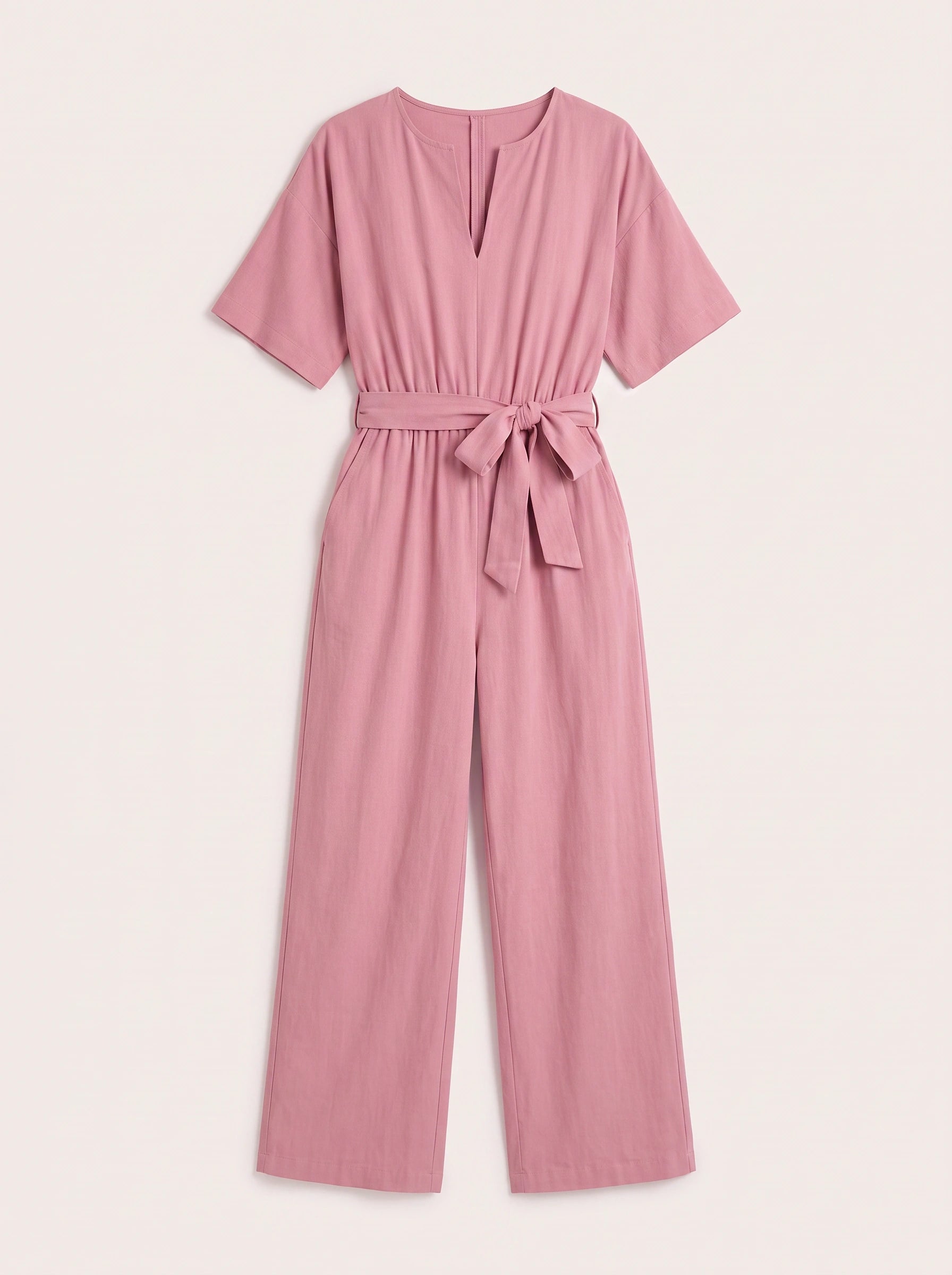 Rosenna V-Neck Belted Wide-Leg Jumpsuit – Women Summer Casual Elasticized Waist Front Pockets Jumpsuit