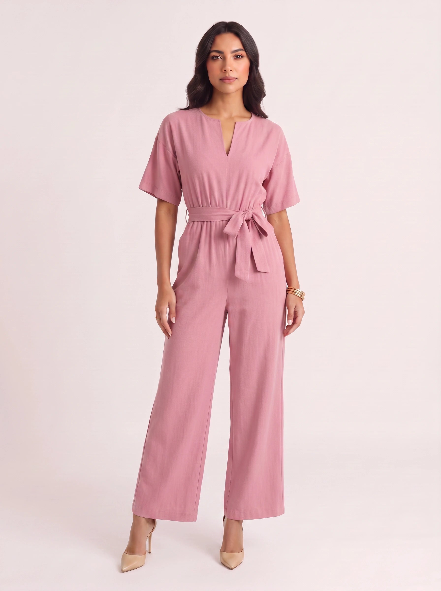 Rosenna V-Neck Belted Wide-Leg Jumpsuit – Women Summer Casual Elasticized Waist Front Pockets Jumpsuit