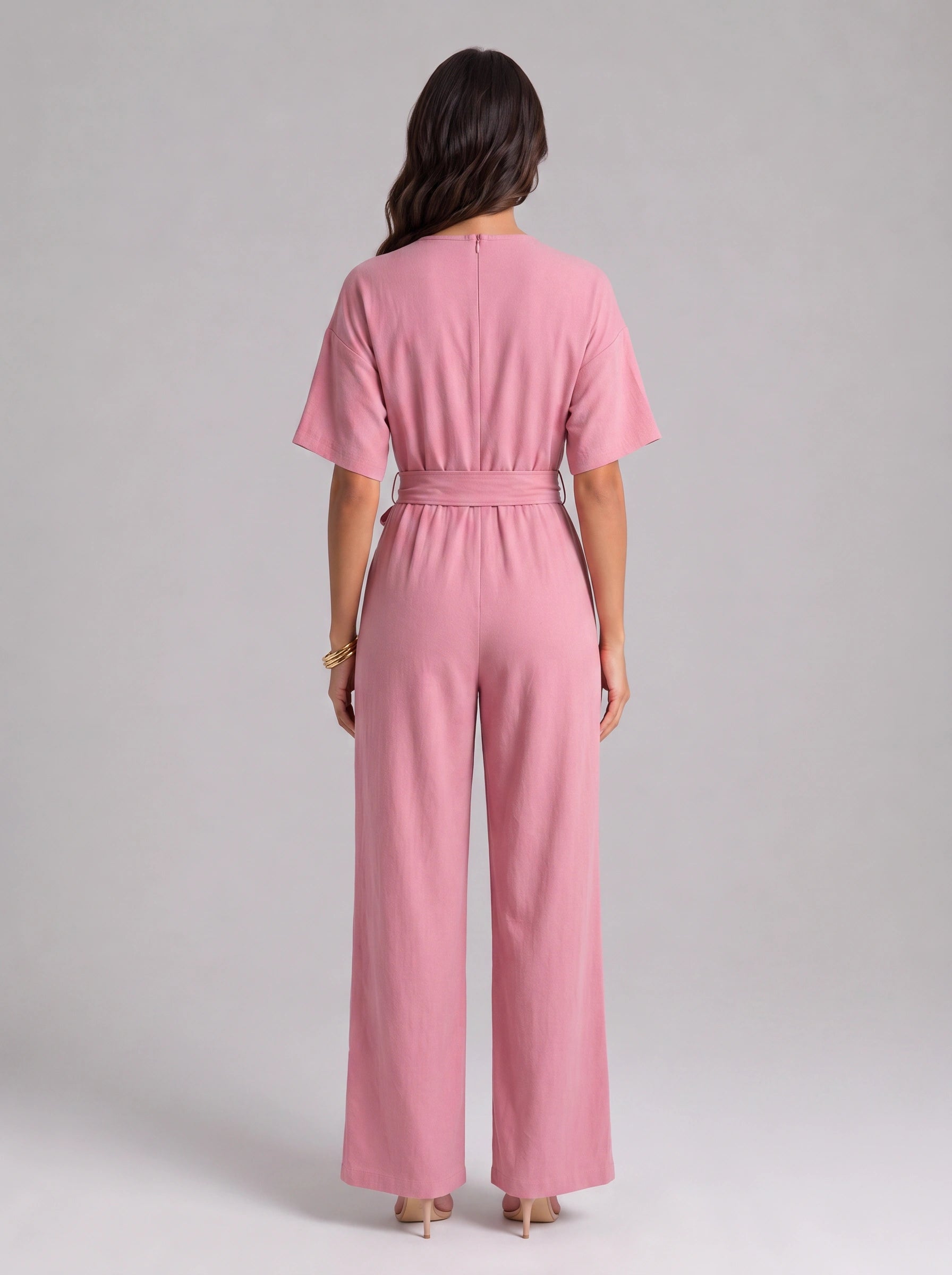 Rosenna V-Neck Belted Wide-Leg Jumpsuit – Women Summer Casual Elasticized Waist Front Pockets Jumpsuit