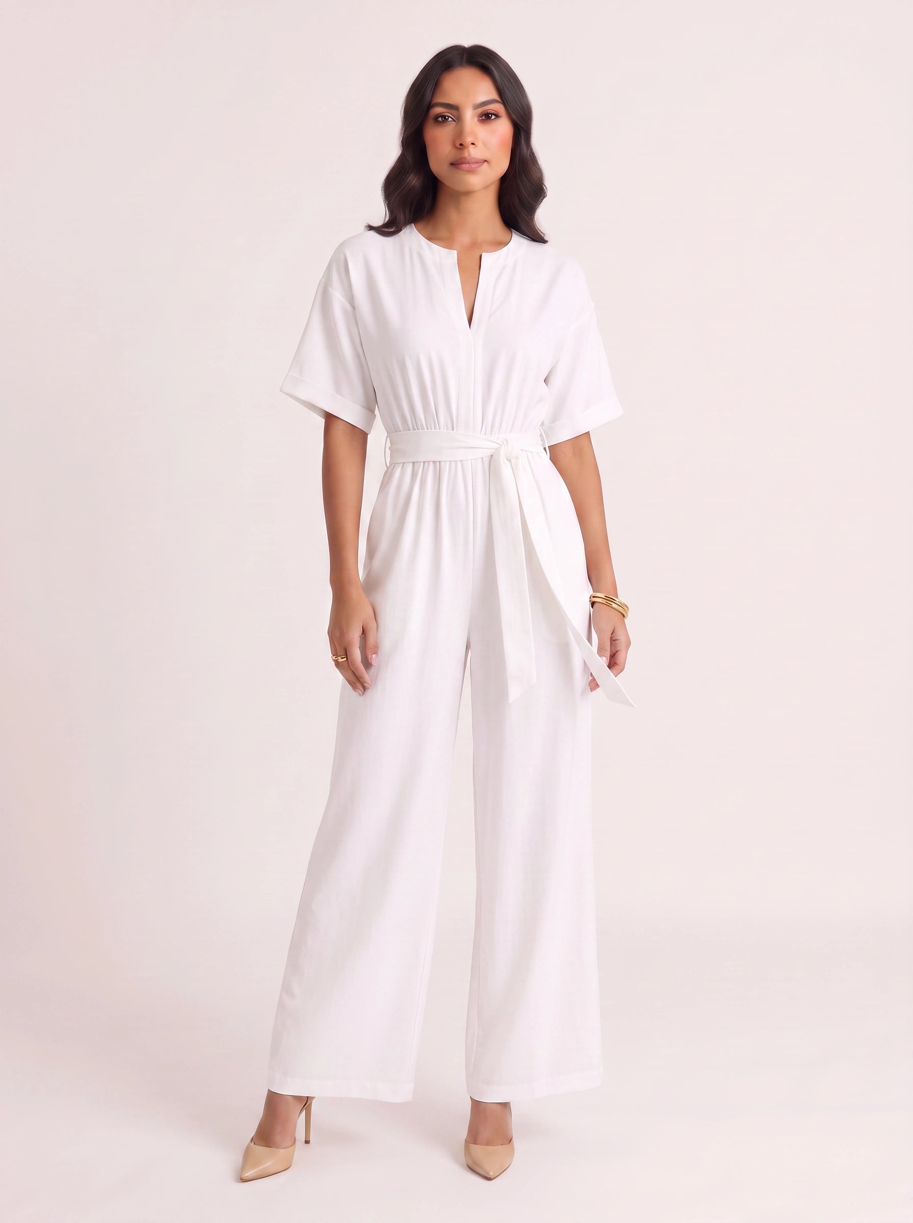 Rosenna V-Neck Belted Wide-Leg Jumpsuit – Women Summer Casual Elasticized Waist Front Pockets Jumpsuit
