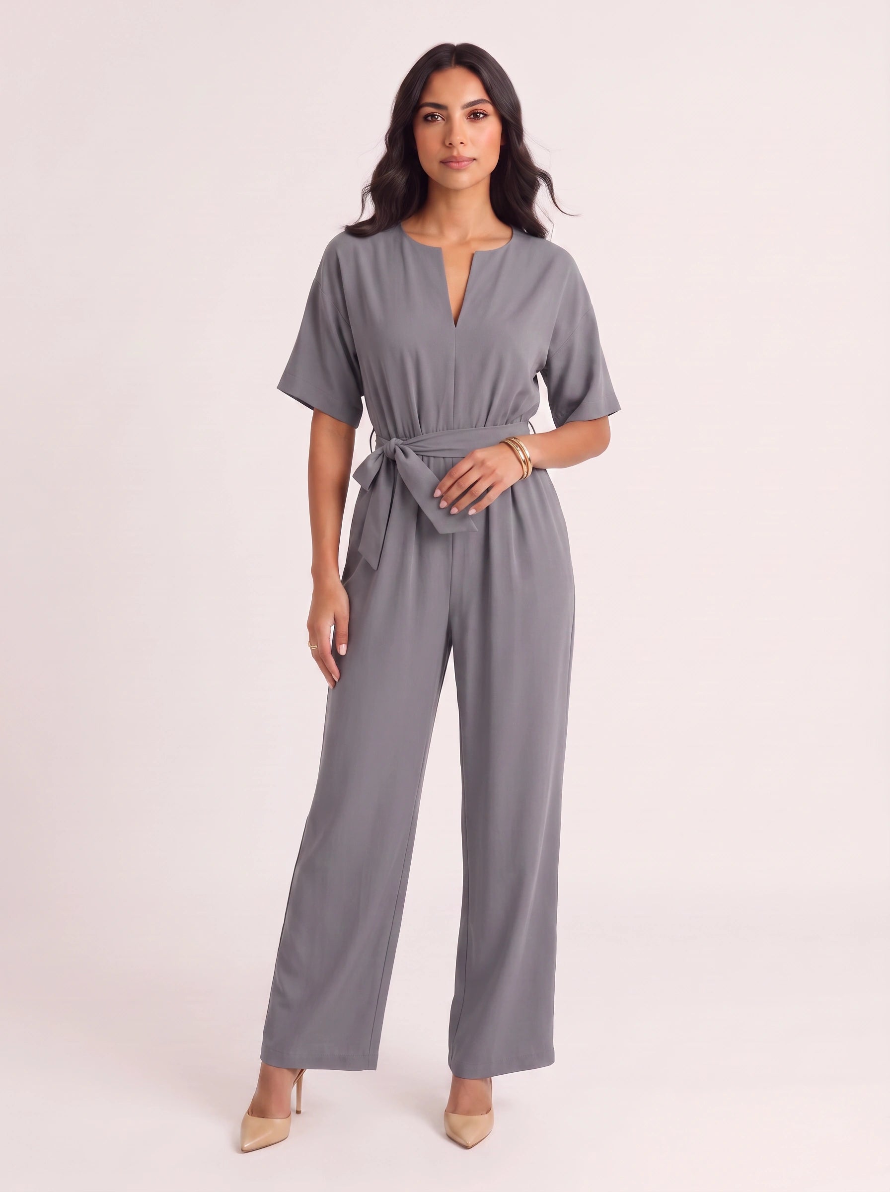 Rosenna V-Neck Belted Wide-Leg Jumpsuit – Women Summer Casual Elasticized Waist Front Pockets Jumpsuit