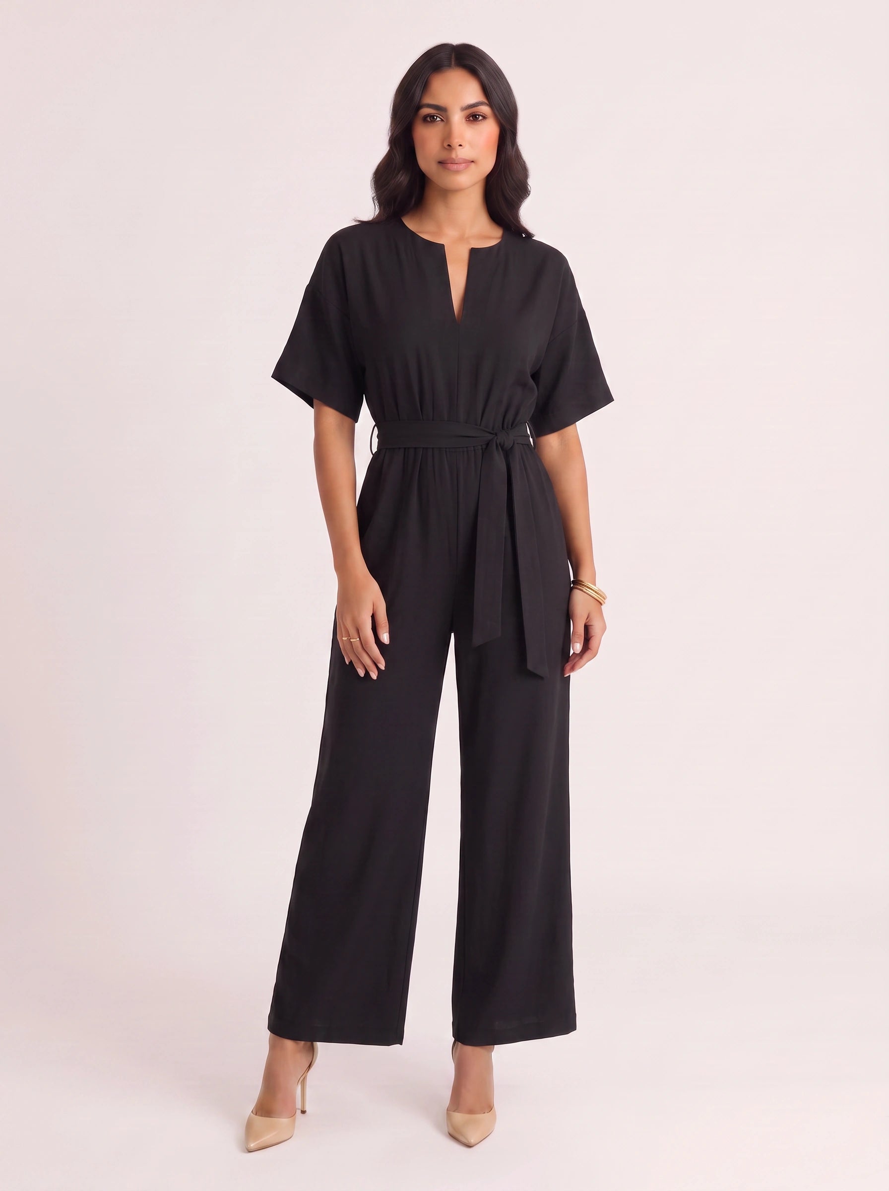 Rosenna V-Neck Belted Wide-Leg Jumpsuit – Women Summer Casual Elasticized Waist Front Pockets Jumpsuit