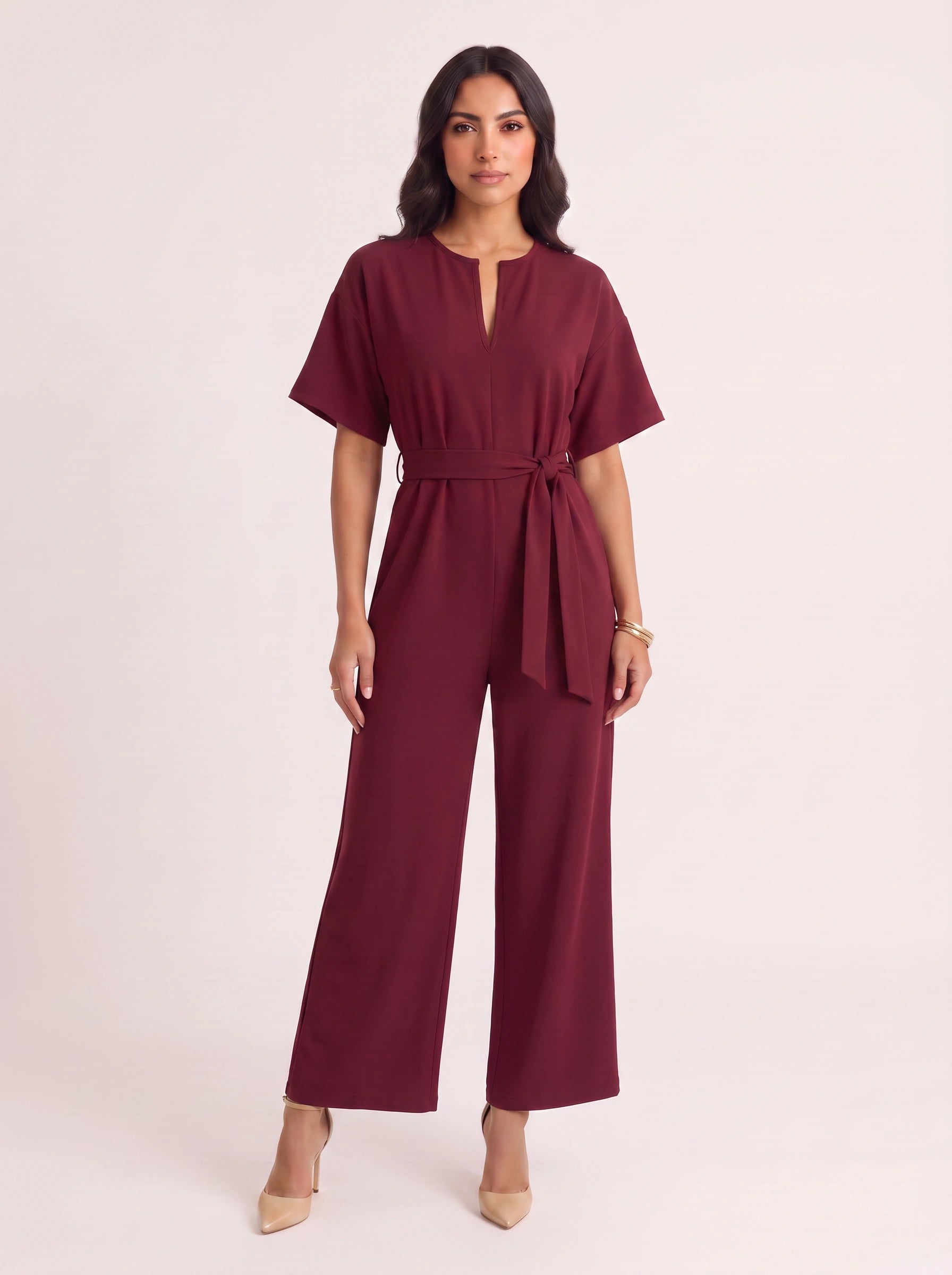 Rosenna V-Neck Belted Wide-Leg Jumpsuit – Women Summer Casual Elasticized Waist Front Pockets Jumpsuit