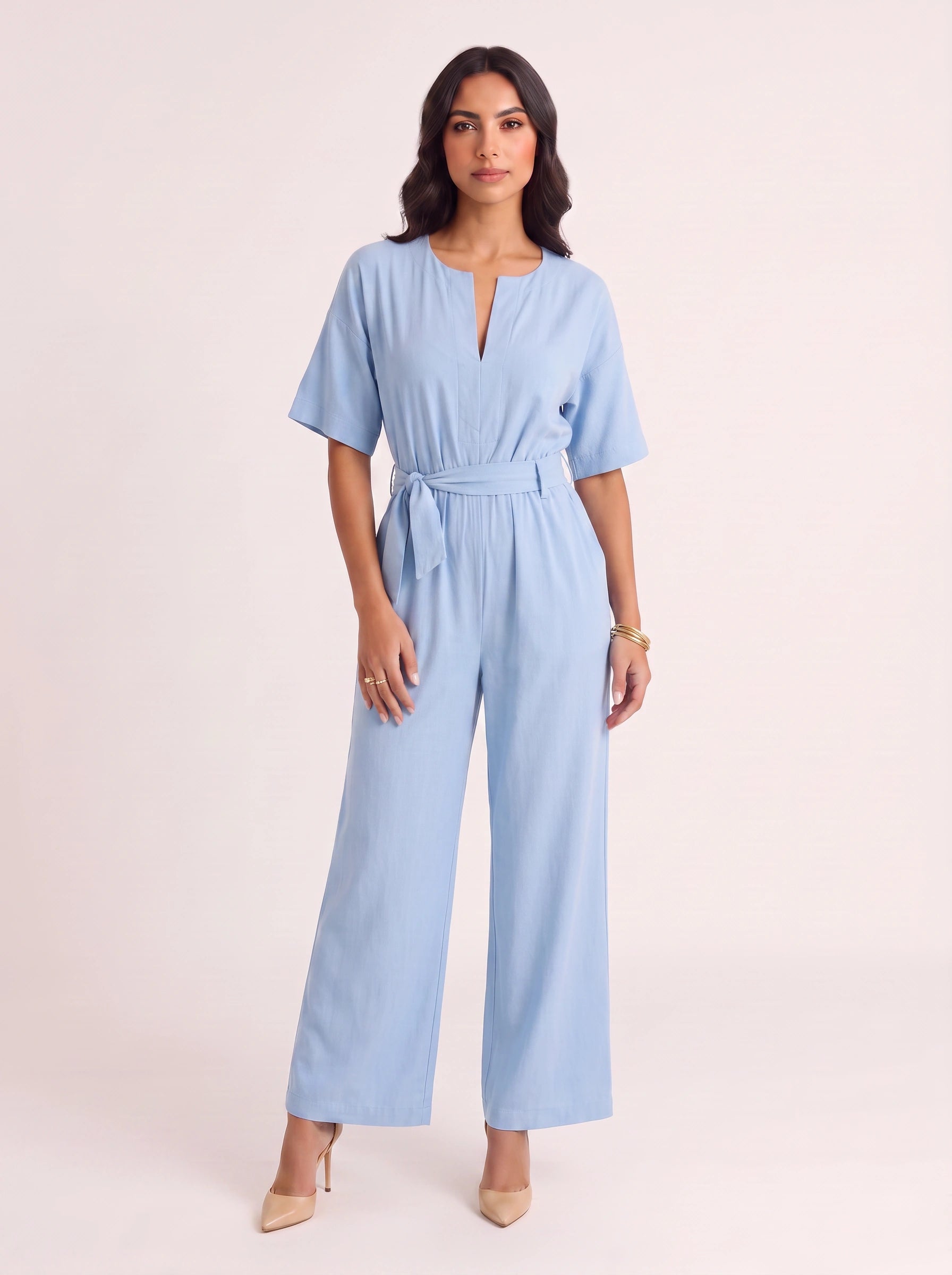 Rosenna V-Neck Belted Wide-Leg Jumpsuit – Women Summer Casual Elasticized Waist Front Pockets Jumpsuit