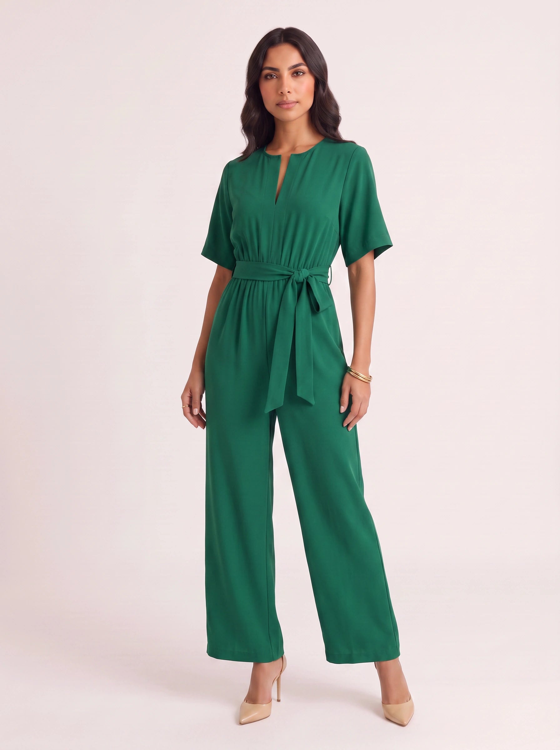 Rosenna V-Neck Belted Wide-Leg Jumpsuit – Women Summer Casual Elasticized Waist Front Pockets Jumpsuit