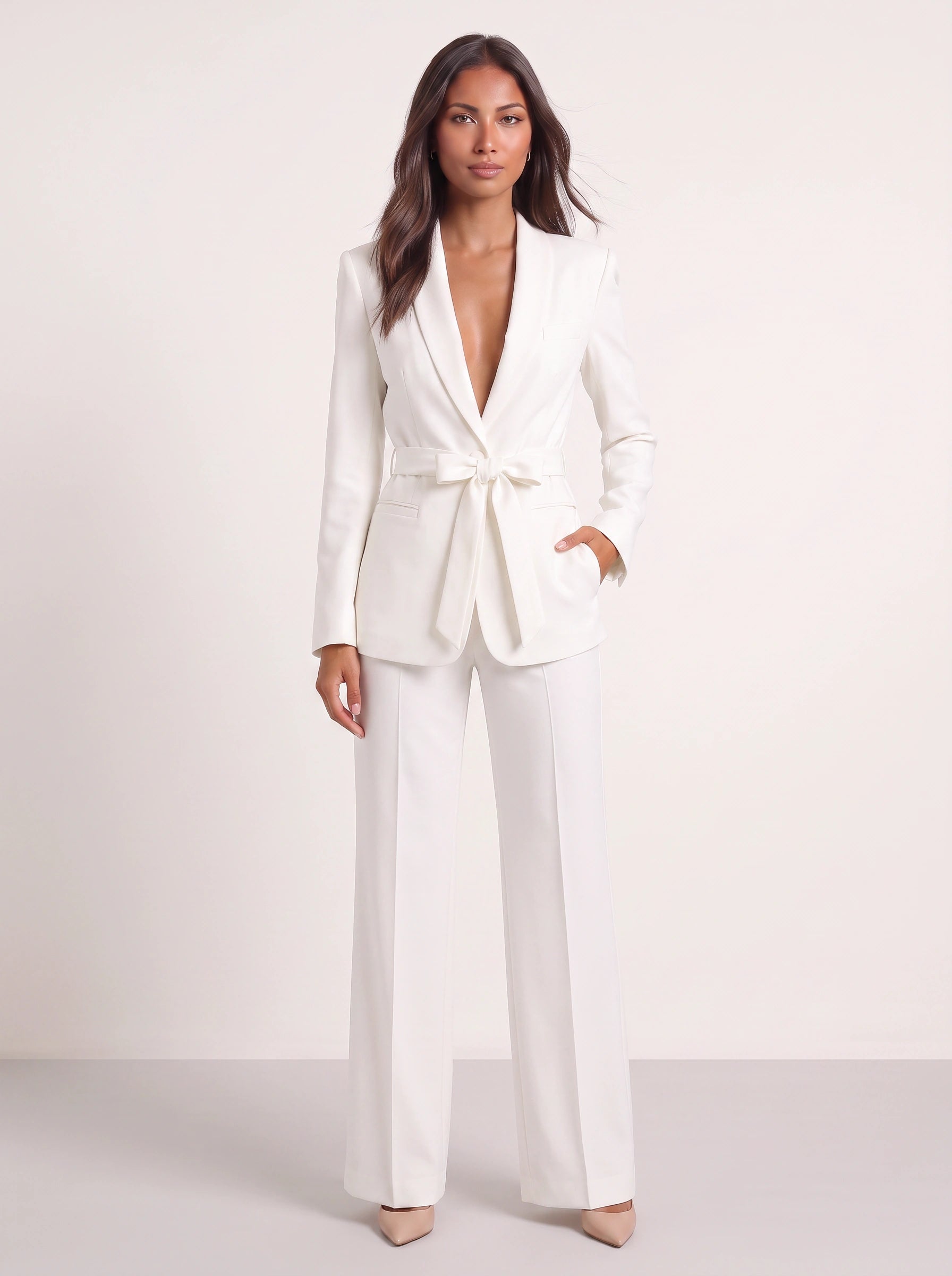 Criema Belted Longline Blazer Wide-Leg Trouser Set – Women Two Piece Sets Ladies Pant Suits Formal Summer Wedding Guest Tailored Co-Ord